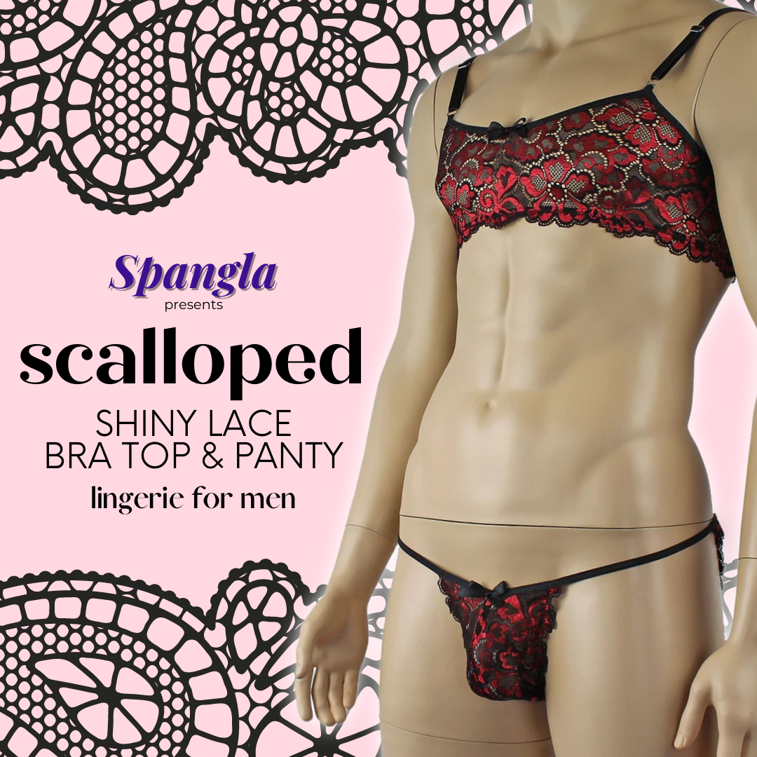 Be a Total Sweetheart in this Scalloped Lace Mens Lingerie Pair by Spangla