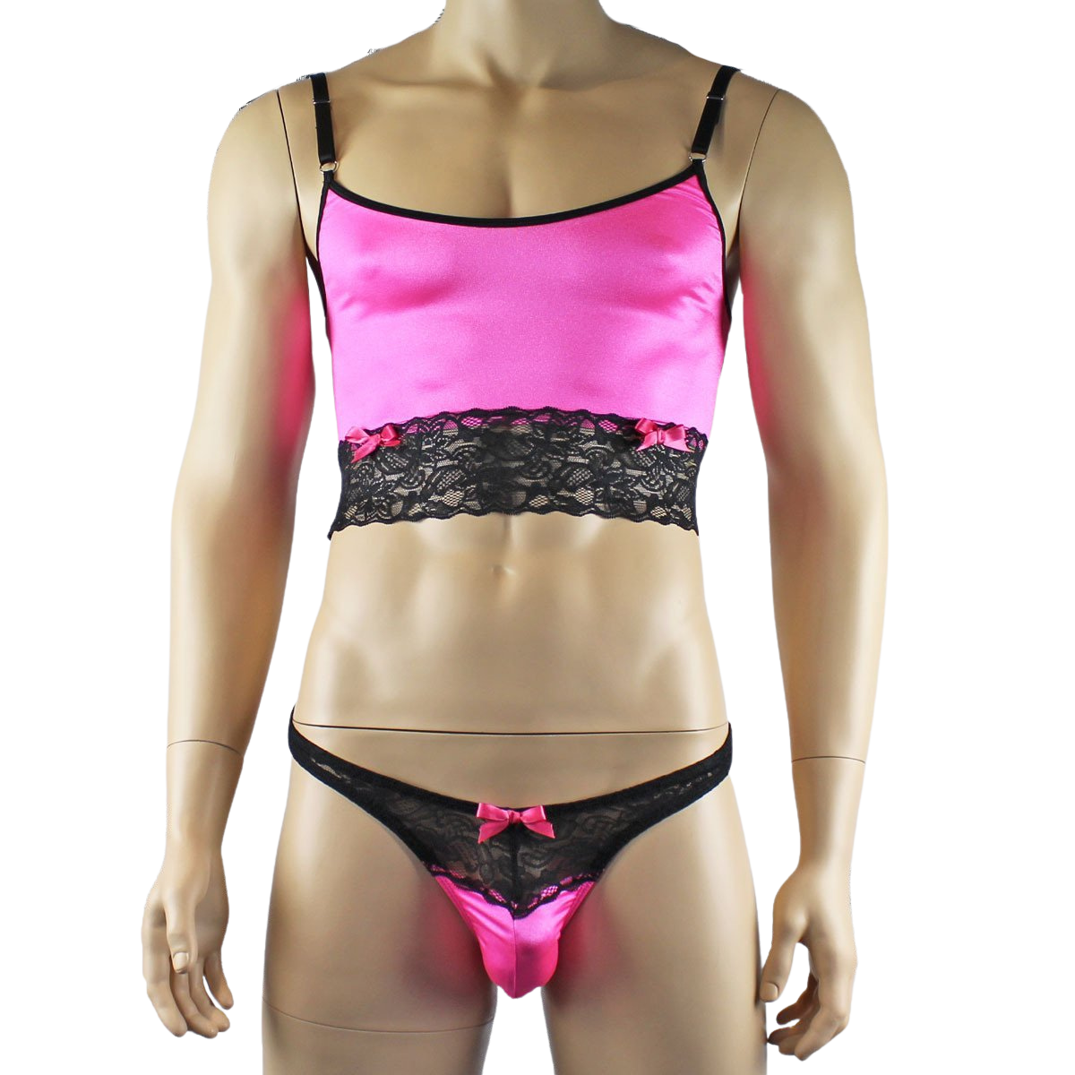 Mens Joanne Satin & Lace Crop Cami Top with Sexy Thong - Sizes up to 3XL Hot Pink and Black Lace