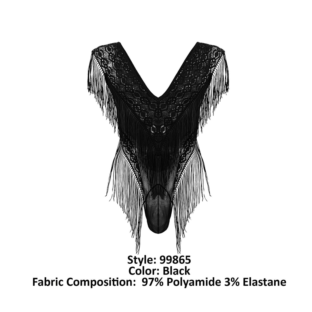 CandyMan 99865 Mens Sexy Lace-Mesh Bodysuit with Fringe Black
