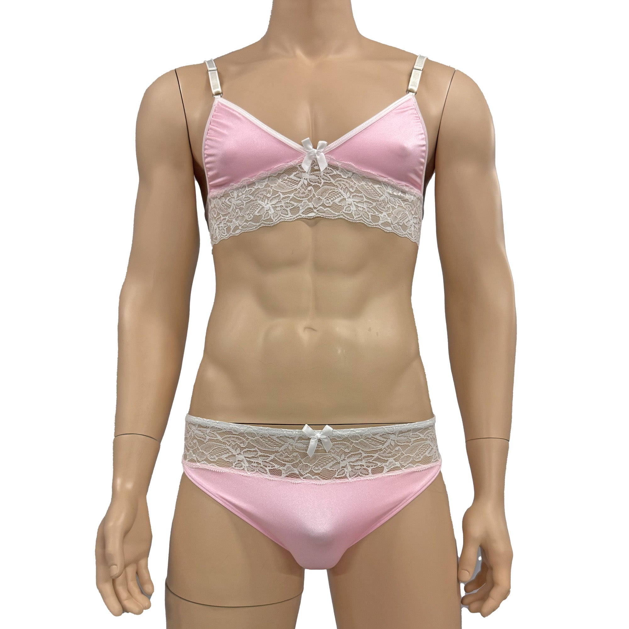 Mens Jackie & Lace Bra Top and Seamless Front Brief Light Pink & White Lace