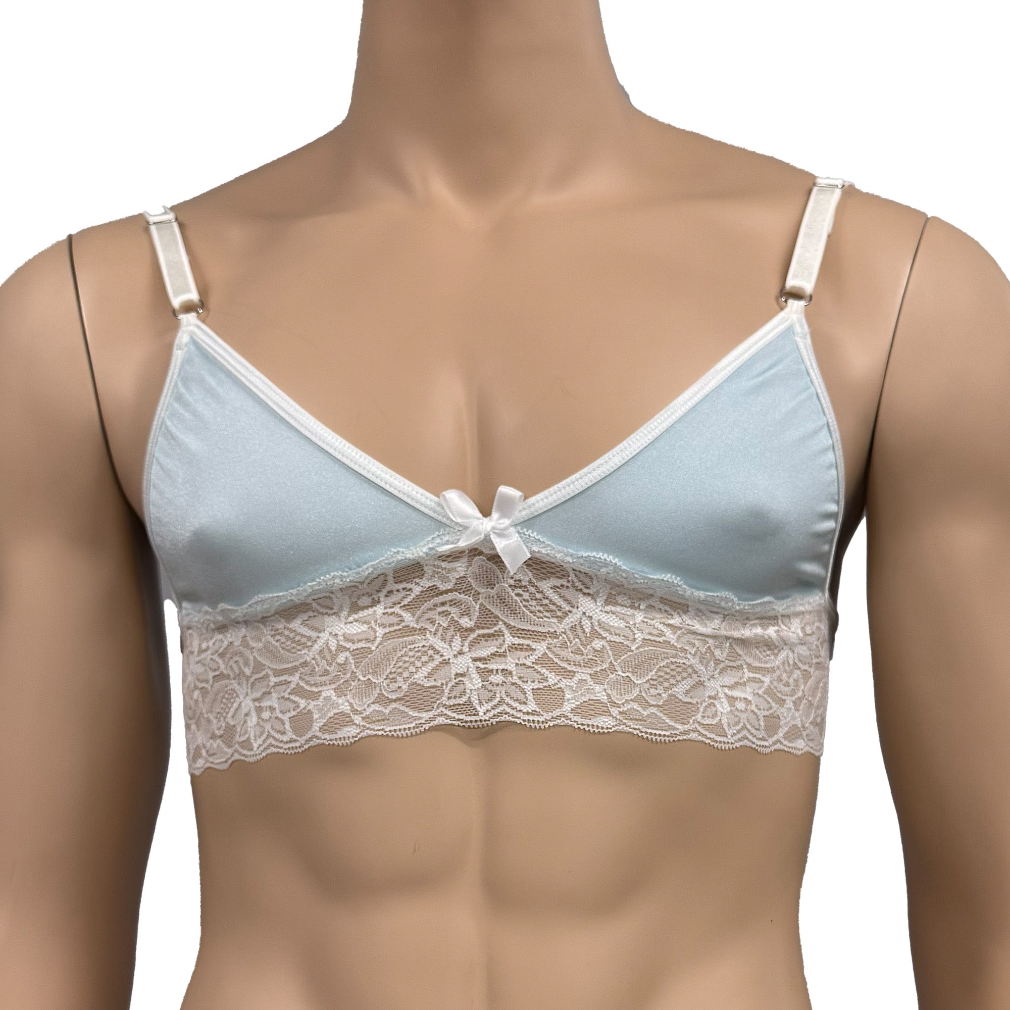 Mens Jackie & Lace Bra Top with Fun & Flirty Detail (light blue & white lace plus other colours)