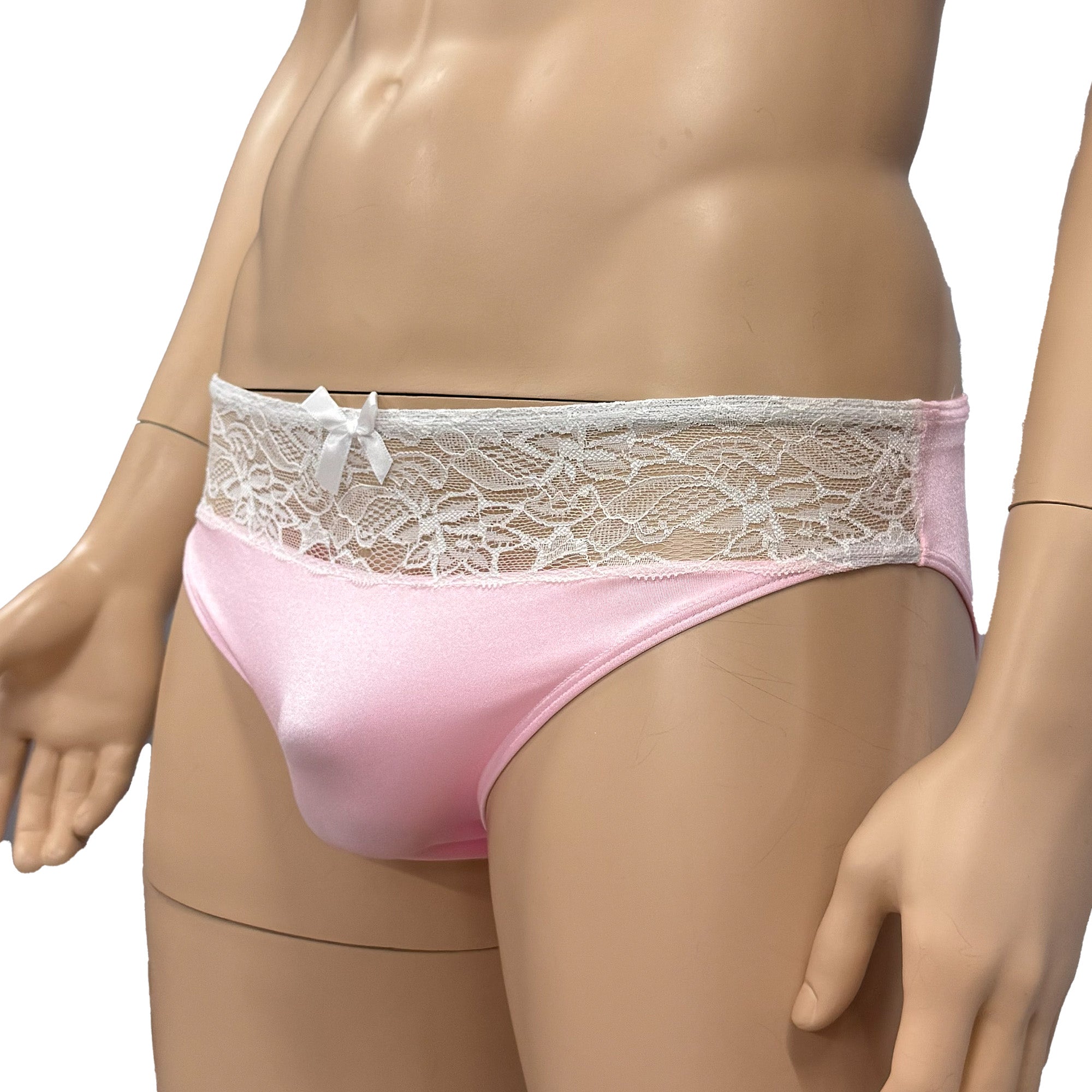 Mens Jackie Stretch Spandex Seamless Front Bikini Brief (light pink & white lace plus other colours)