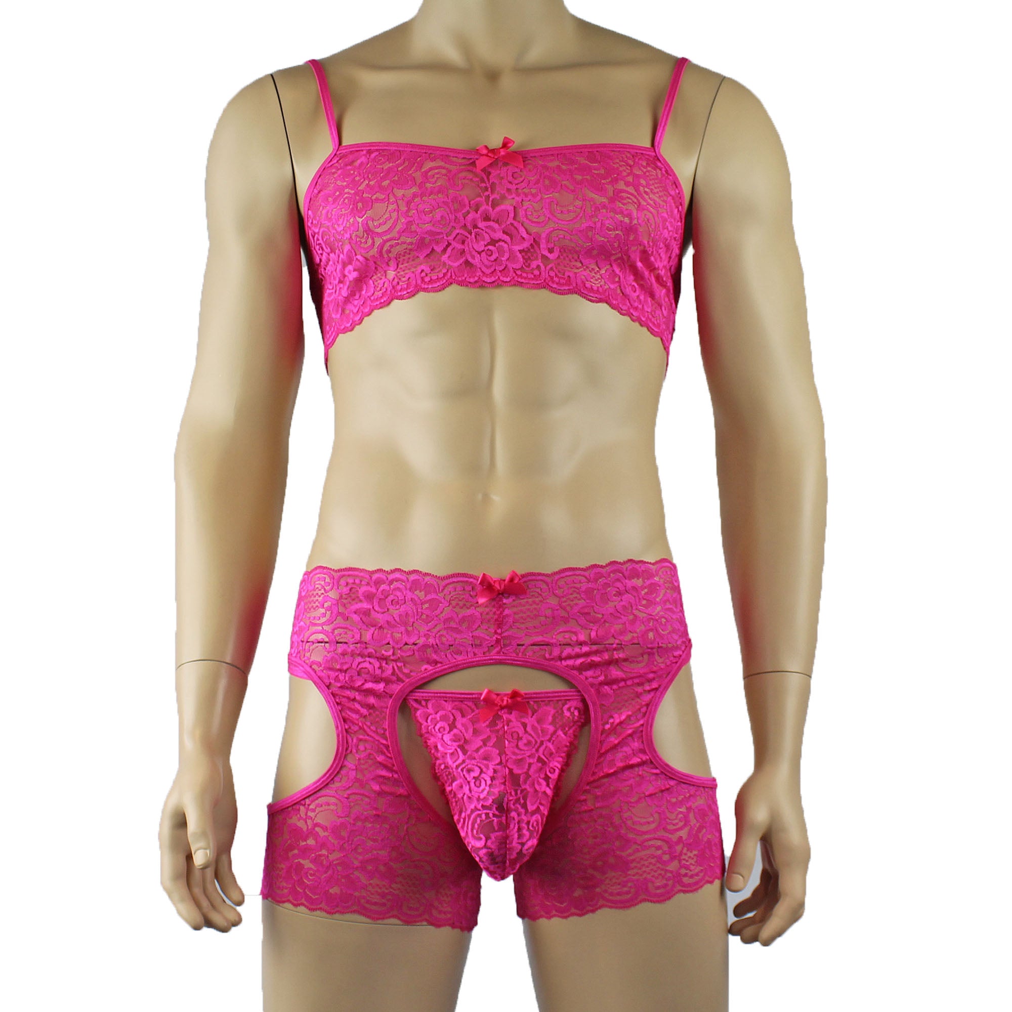 Mens Rebecca Pretty Floral Lingerie Lace Bra Top, Open Garter Boxer Shorts with G string Hot Pink