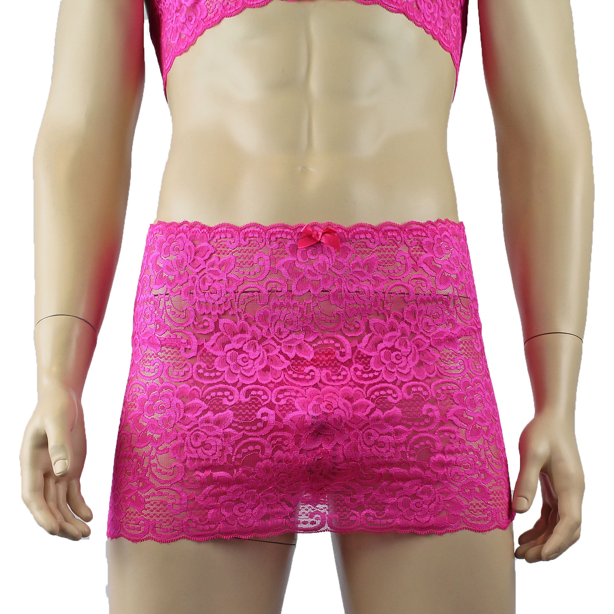 Mens Rebecca Pretty Floral Lingerie Lace Sheer See Through Mini Skirt Hot Pink