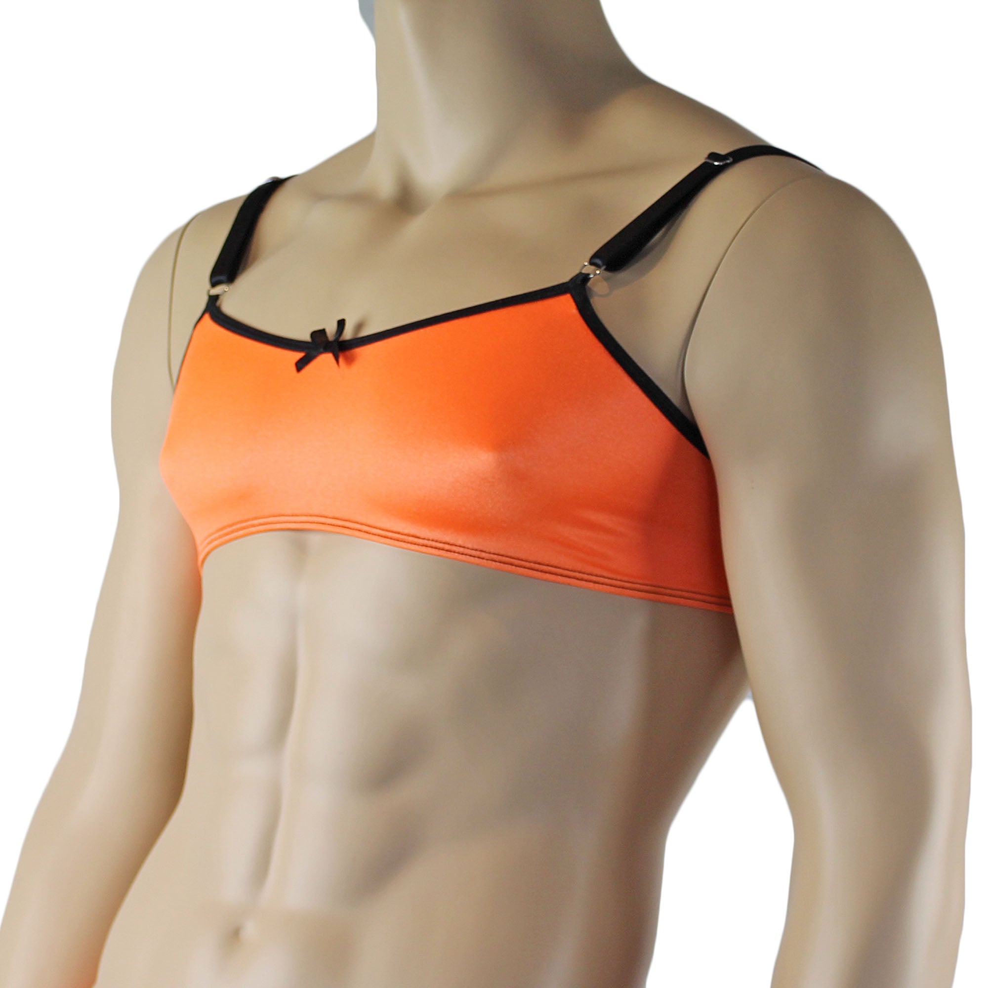 Mens Jenny Shiny Spandex Bra Top with Adjustable Straps Orange & Black