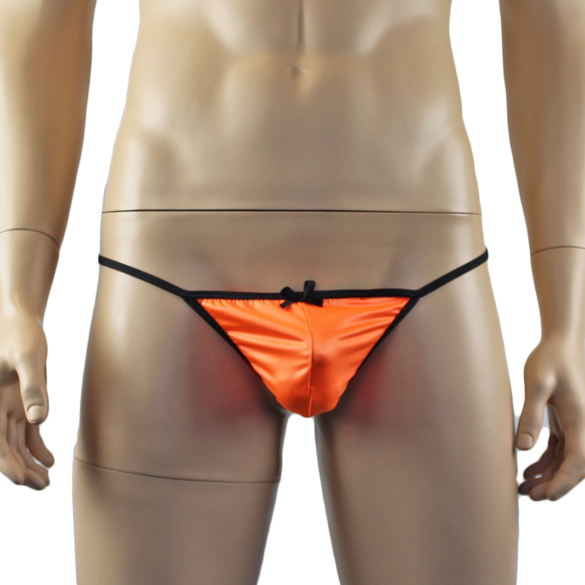 Mens Jenny Shiny Spandex Pouch G string with Bow Orange & Black