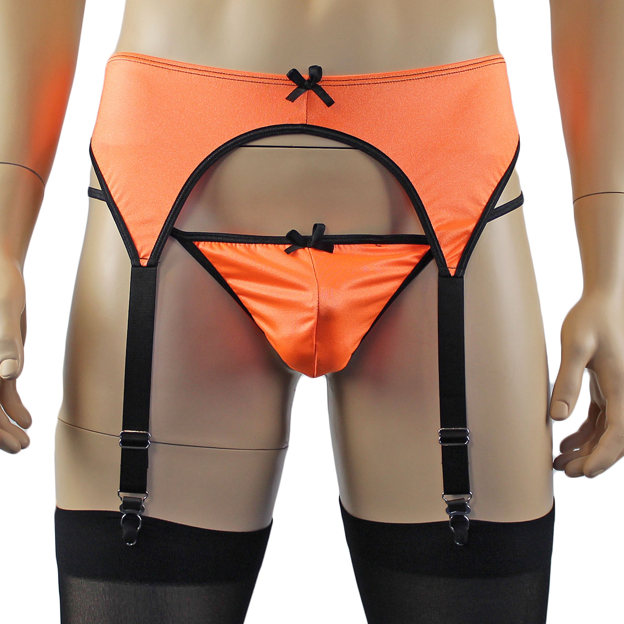 Mens Jenny Shiny Spandex Garterbelt Lingerie Orange & Black