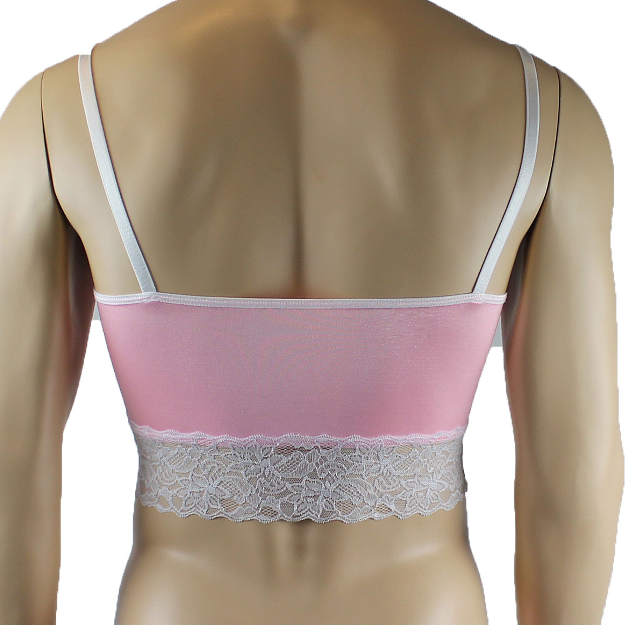 Mens Joanne Satin & Lace Crop Cami Top with Sexy Thong - Sizes up to 3XL Light Pink and White Lace