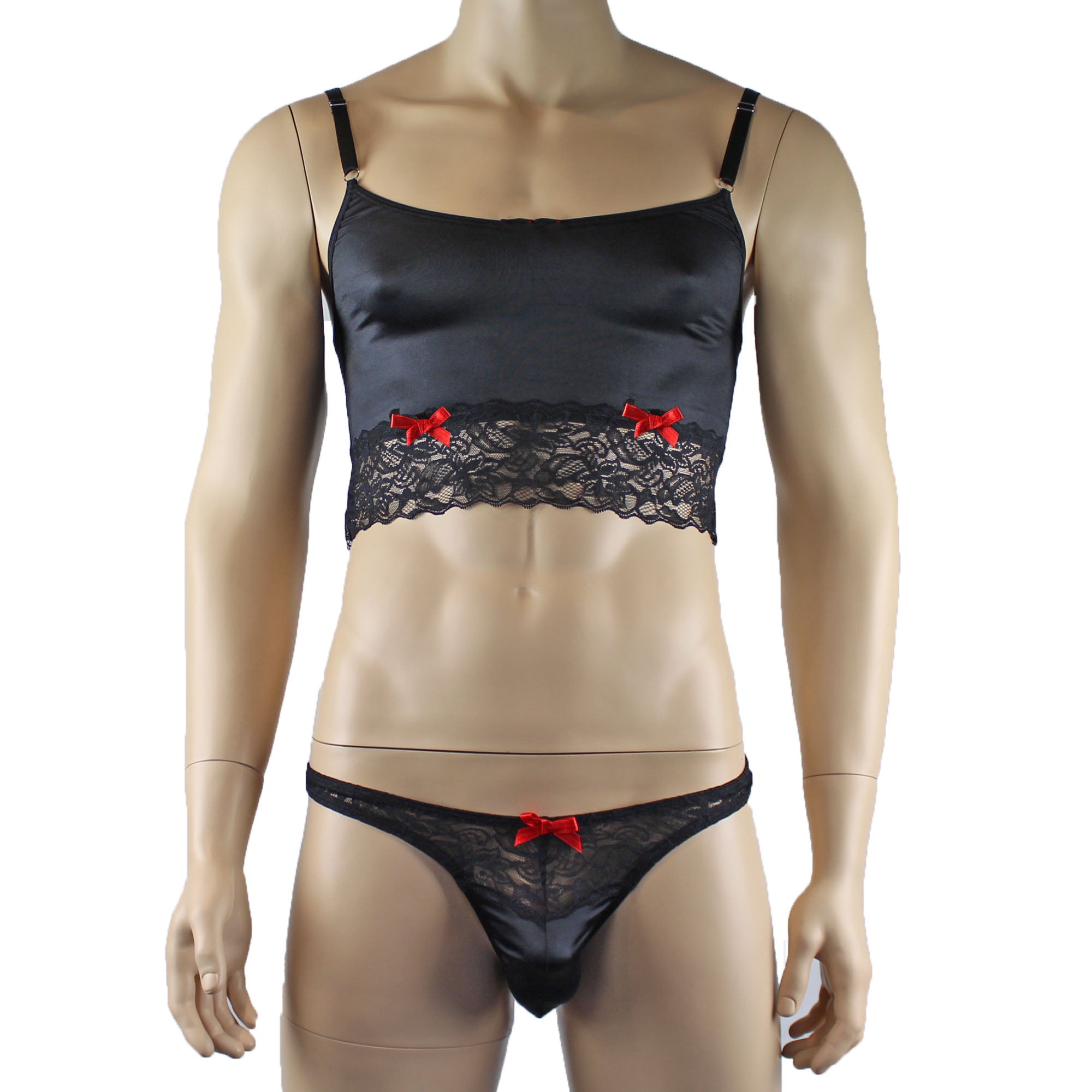 Mens Joanne Satin & Lace Crop Cami Top with Sexy Thong - Sizes up to 3XL Black and Black Lace