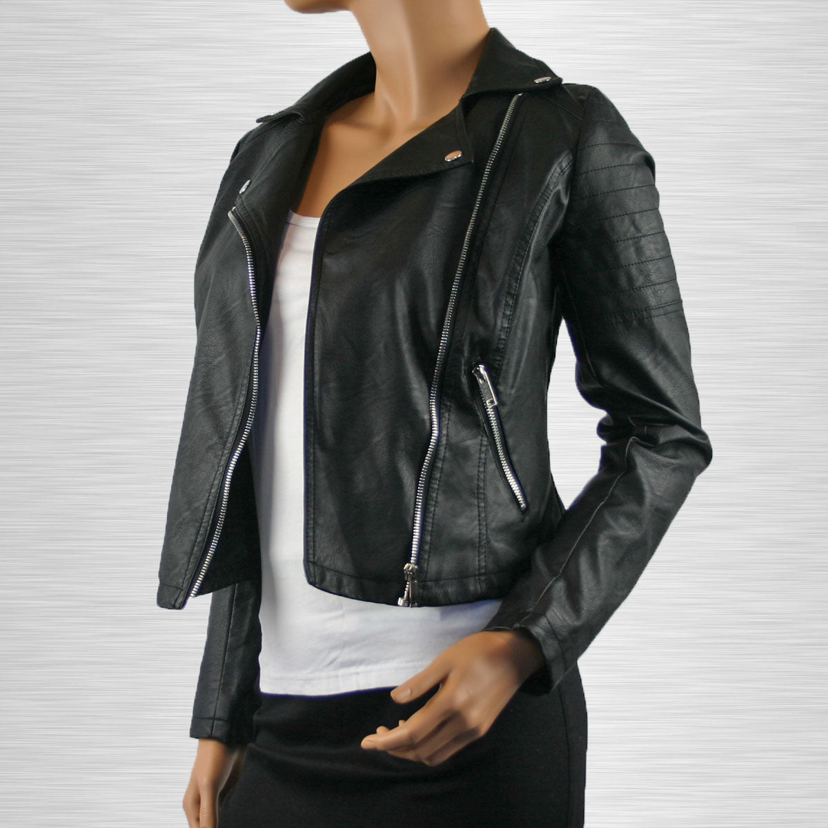 Krissy Re-Designed Faux Leather Biker Jacket with Metal Embellishments