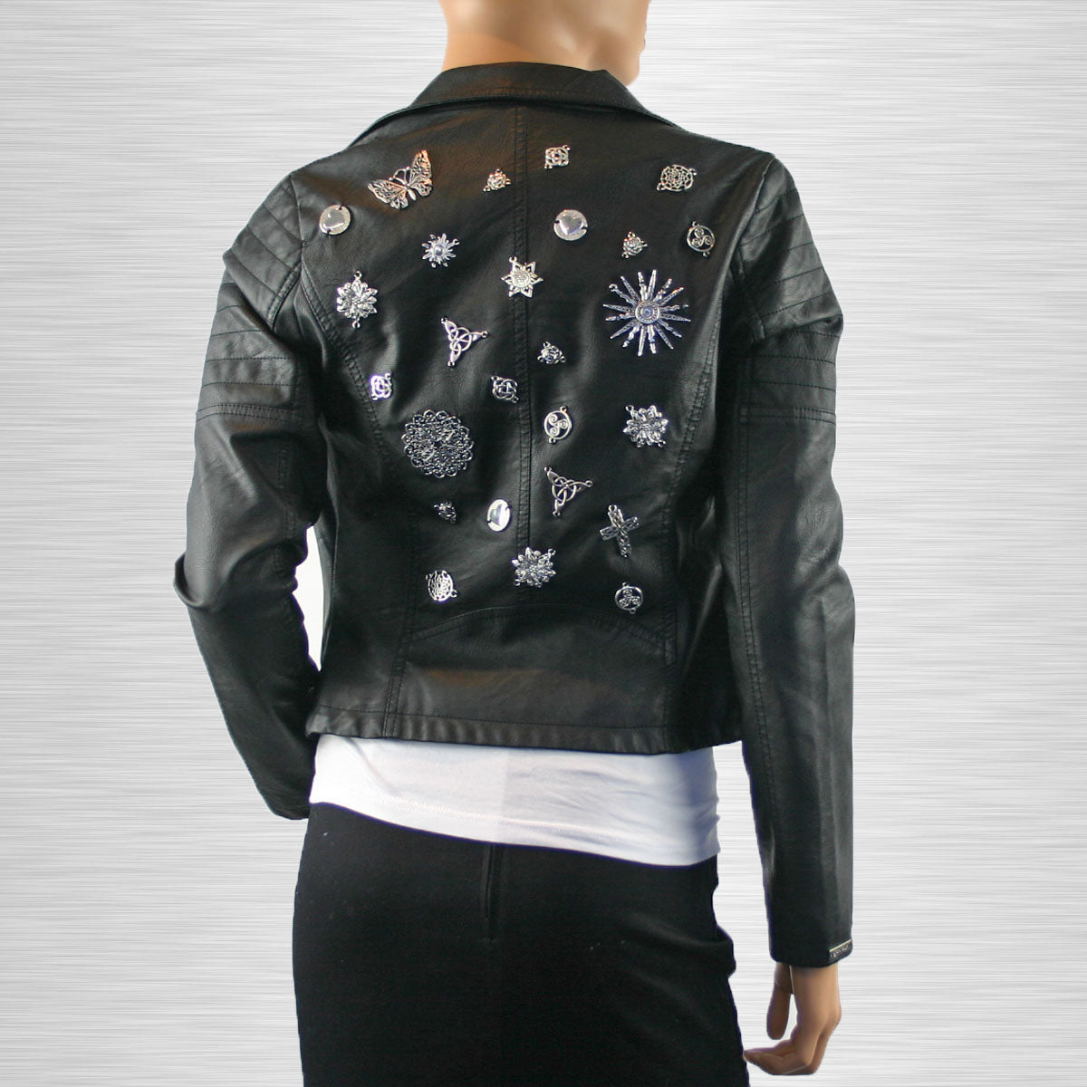 Krissy Re-Designed Faux Leather Biker Jacket with Metal Embellishments