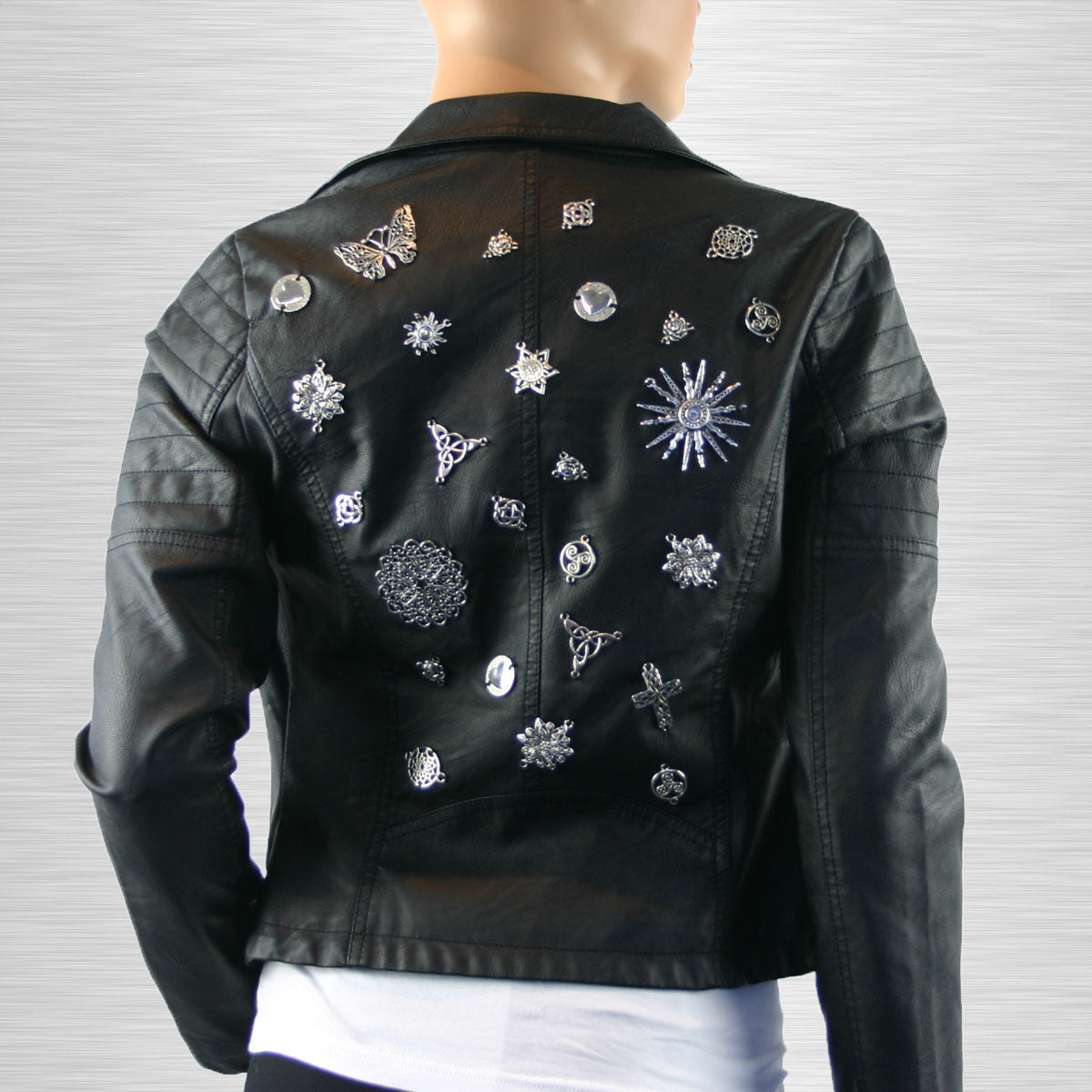 Krissy Re-Designed Faux Leather Biker Jacket with Metal Embellishments