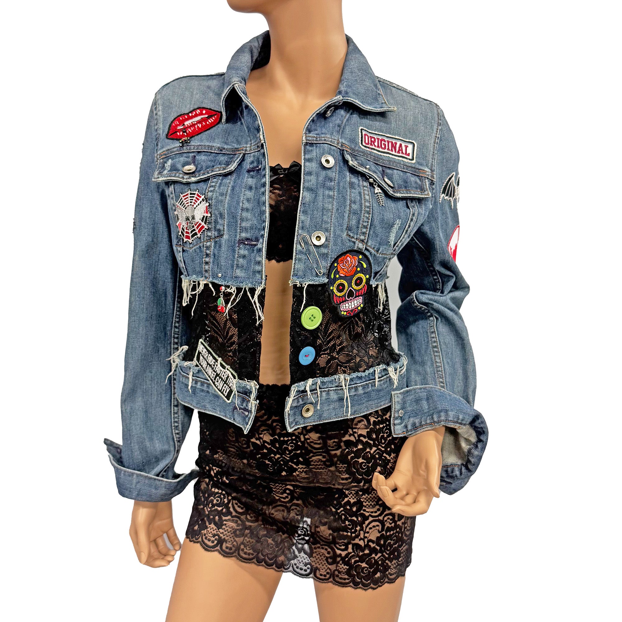 Nikki Re-Designed Denim Jacket with Lace, Patches & Distressed Look