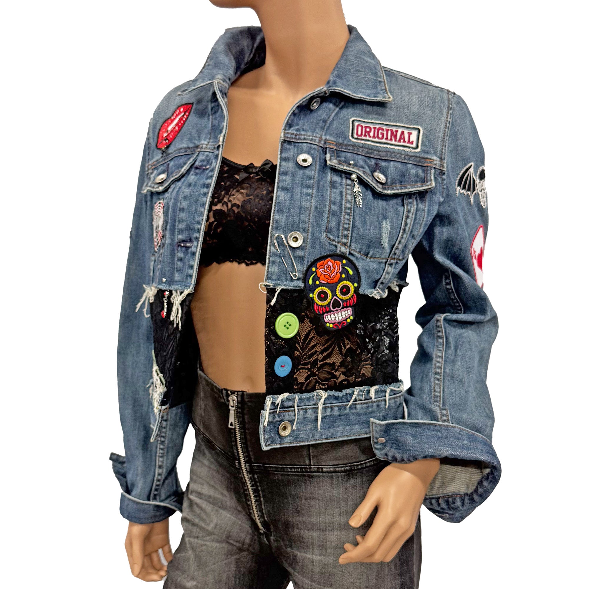 Nikki Re-Designed Denim Jacket with Lace, Patches & Distressed Look