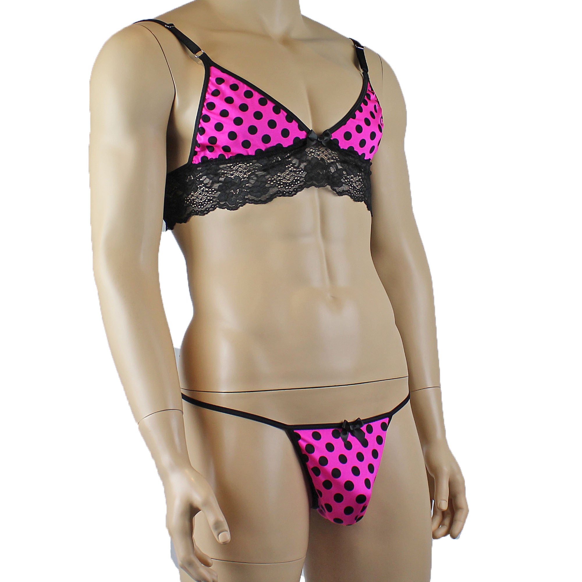 Mens Pink Polka Dot Hot Pink Lace Bra Top with Matching Polka G string