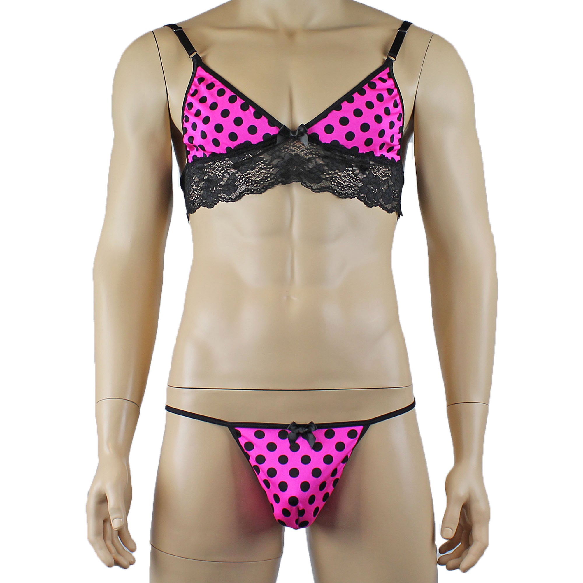 Mens Pink Polka Dot Hot Pink Lace Bra Top with Matching Polka G string