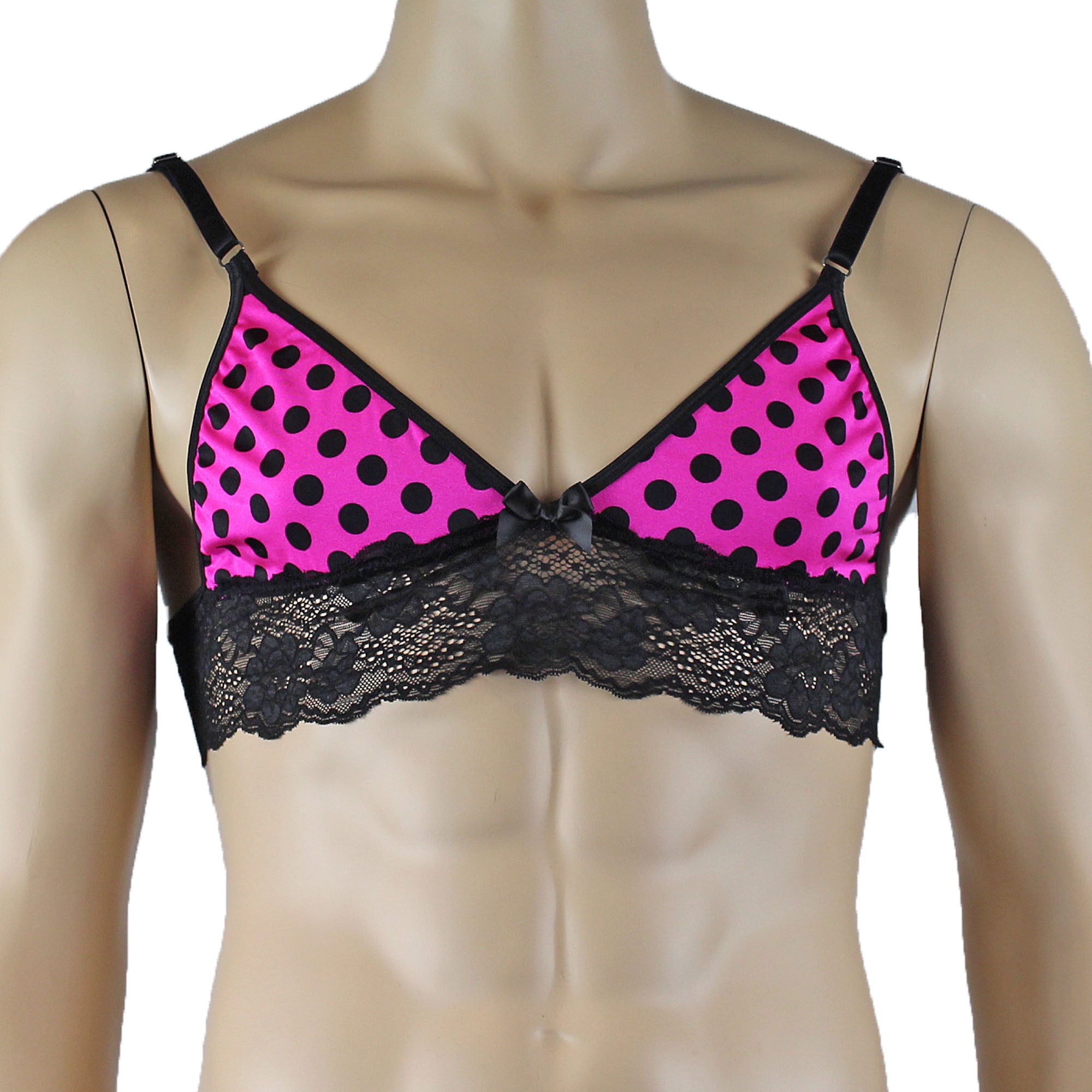 Mens Pink Polka Dot Hot Pink Lace Bra Top with Matching Polka G string
