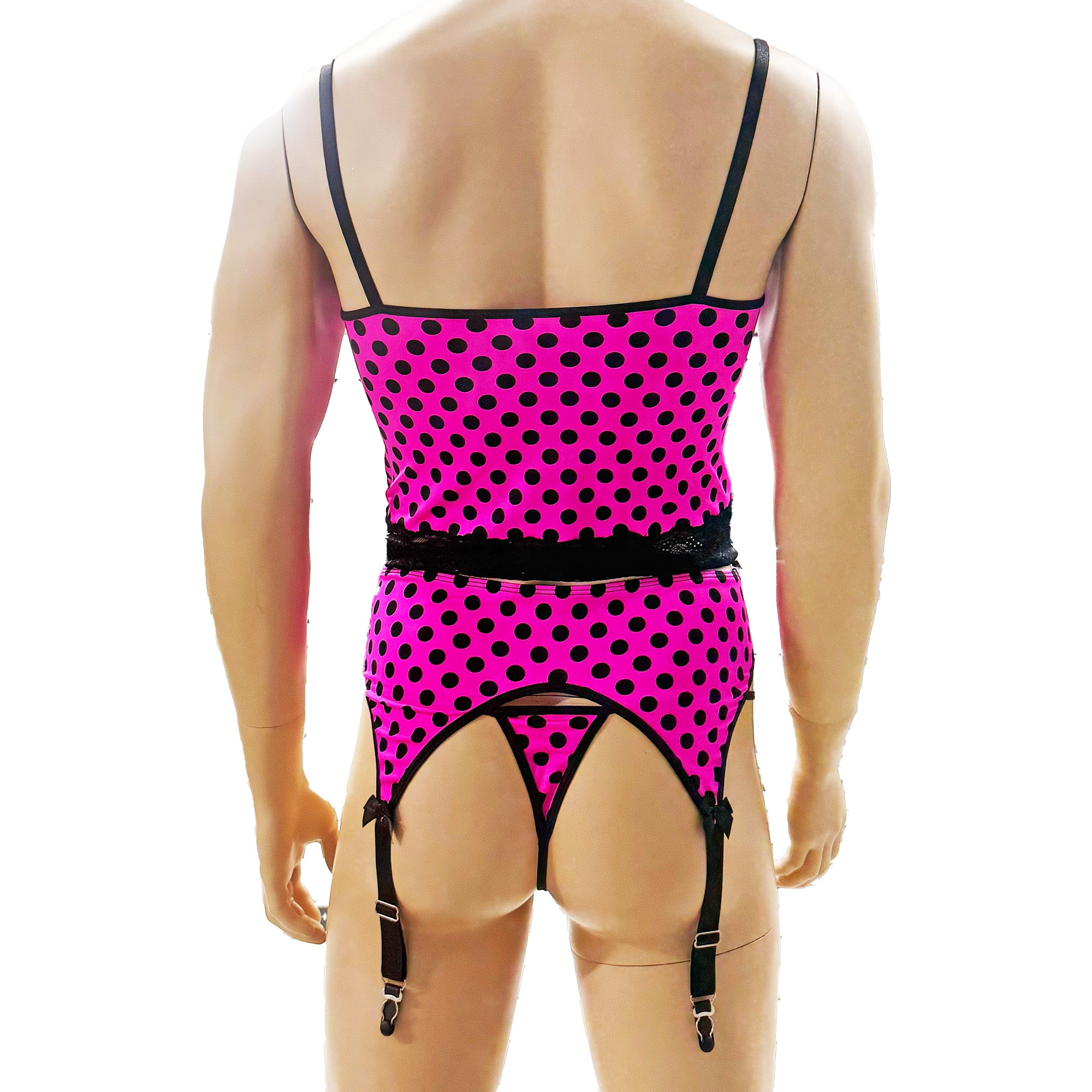 Mens Hot Pink Polka Dot with Black Lace Camisole Top with G string & Garterbelt