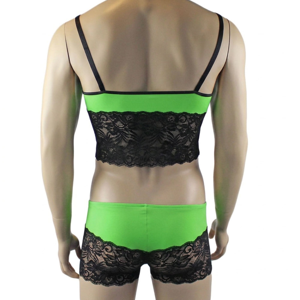 Mens Risque Camisole Top Boxer Briefs with Garters Neon Green & Black Lace