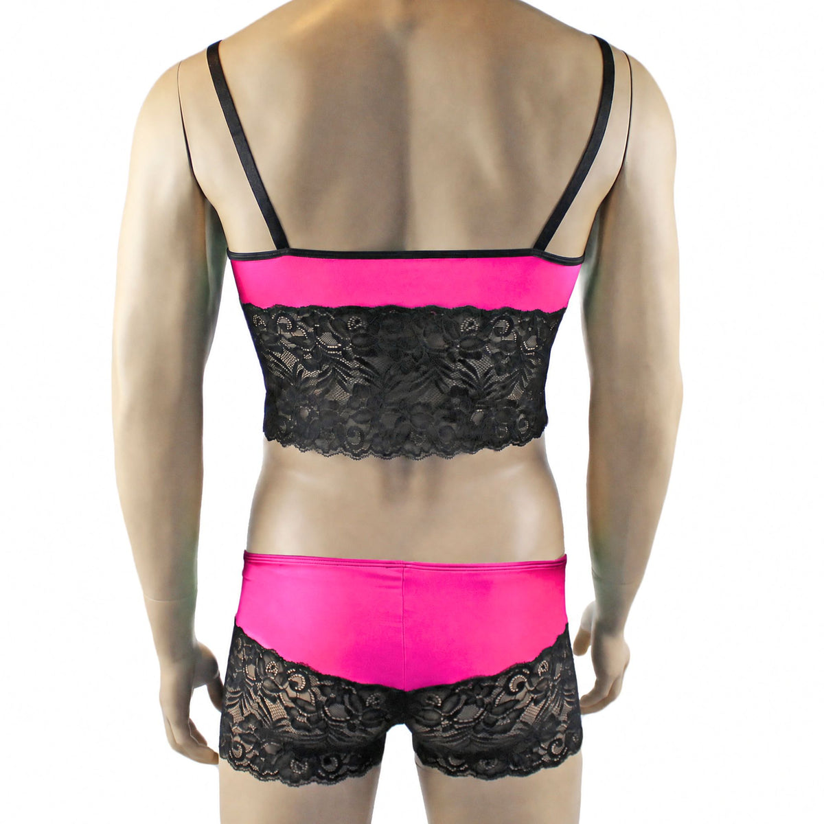 Mens Risque Camisole Top Boxer Briefs with Garters Neon Pink & Black Lace