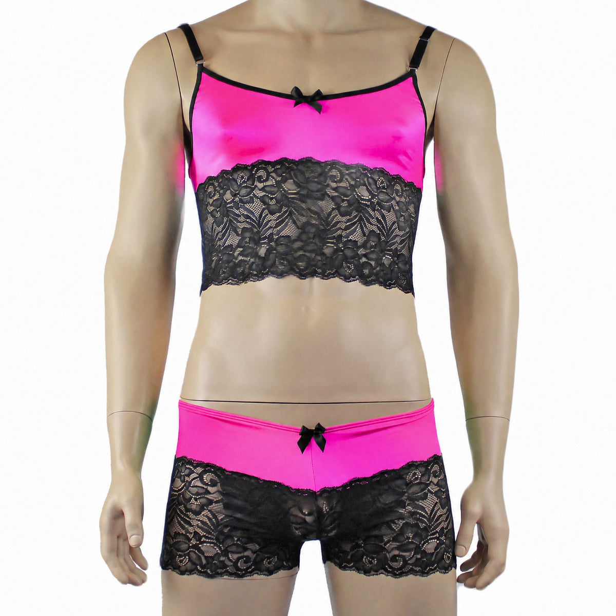 Mens Risque Camisole Top Boxer Briefs Neon Pink and Black Lace