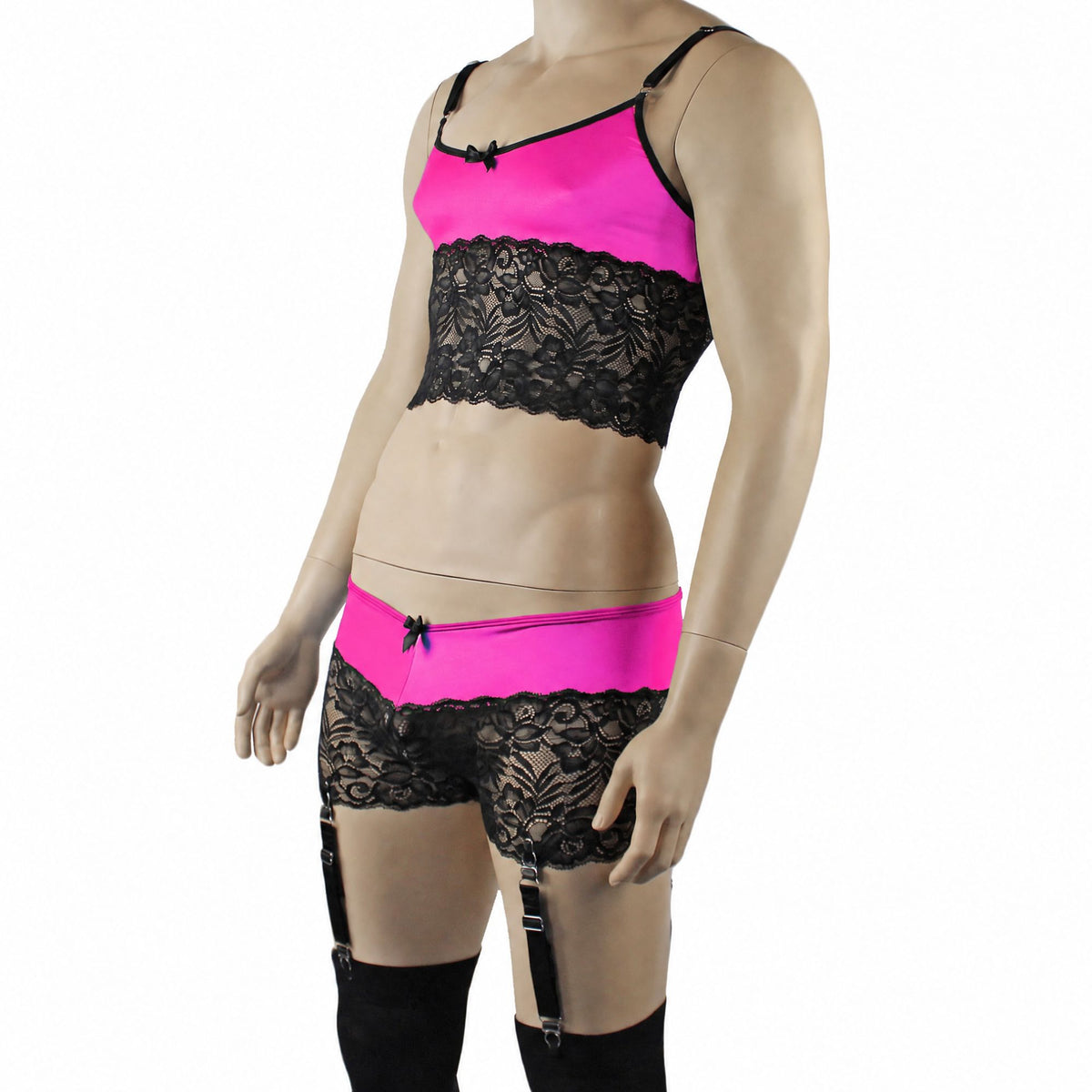 Mens Risque Camisole Top Boxer Briefs with Garters Neon Pink & Black Lace