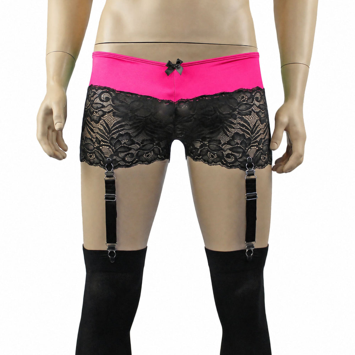 Mens Risque Boxer Briefs with Detachable Garters & Stockings Neon Pink and Black Lace