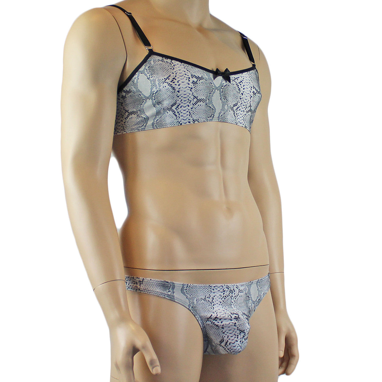 Mens Grey Snake Print Bra Top for Males & Thong