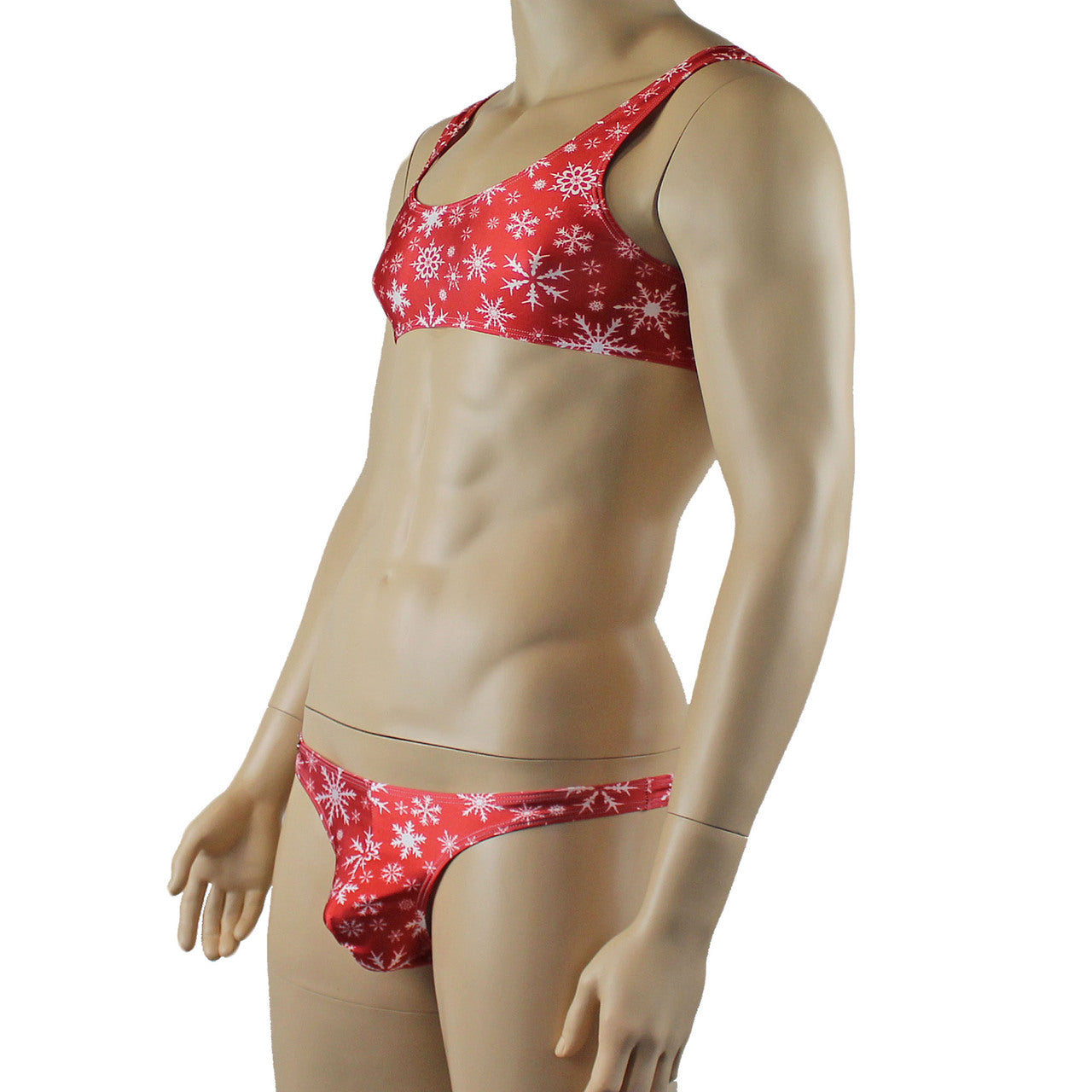 Mens Christmas Snowflake Bra Top & Low Cut Thong Red and White