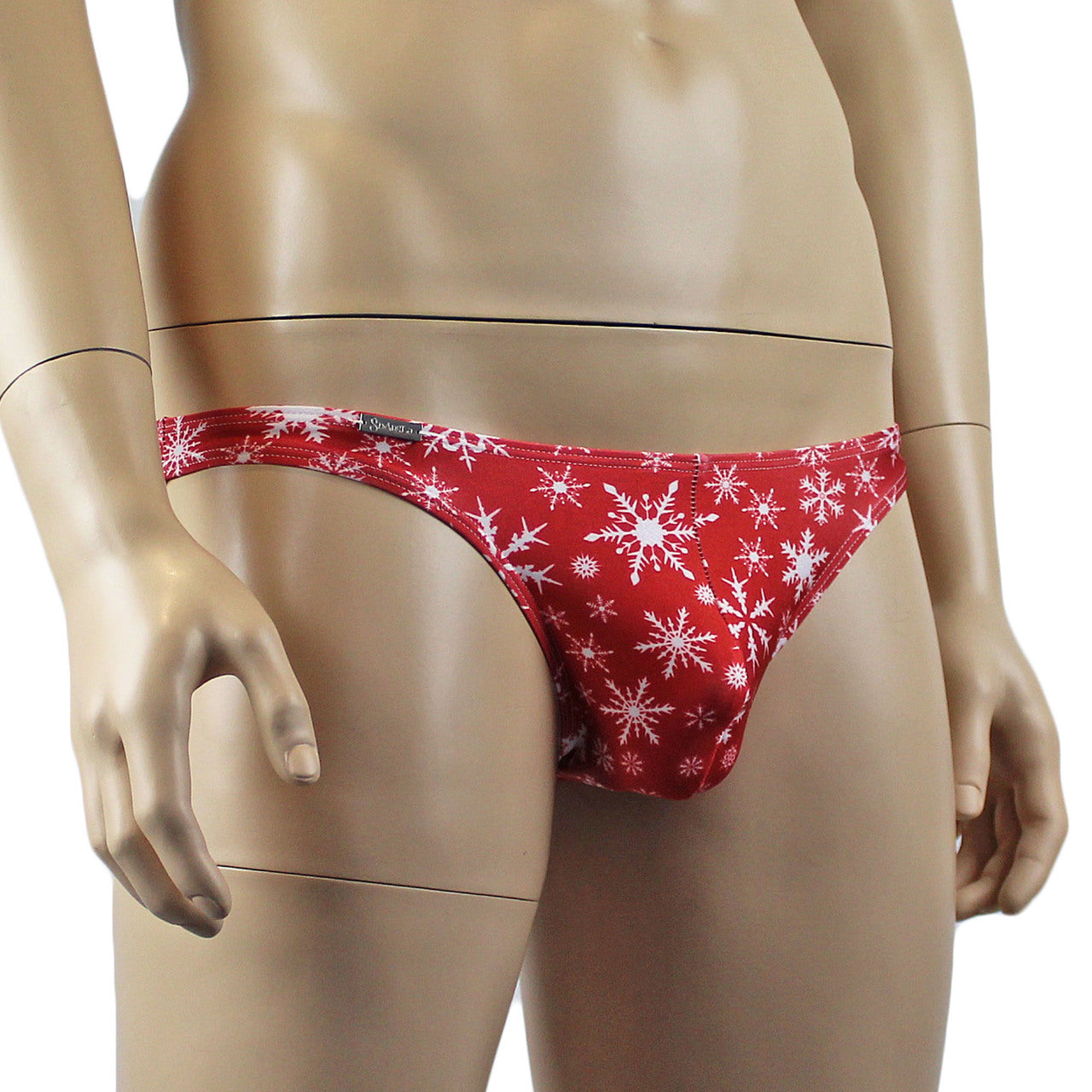 Mens Christmas Snowflake spandex Low Cut Brief with Sexy Back Red and White