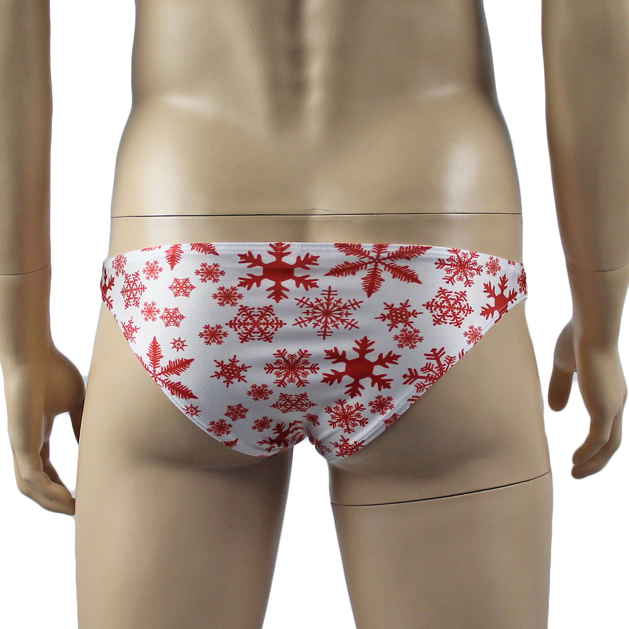 Mens Christmas Snowflake Print Spandex Low Cut Brief with Sexy Back White and Red