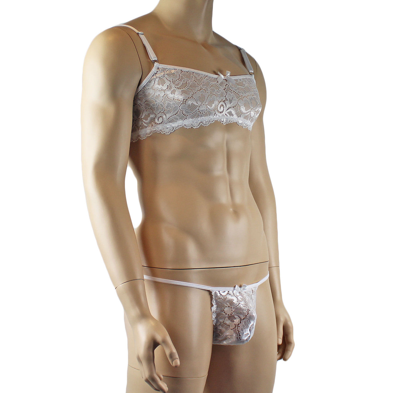 Mens Sweetheart Scalloped Shiny Lace Bra Top and G string White