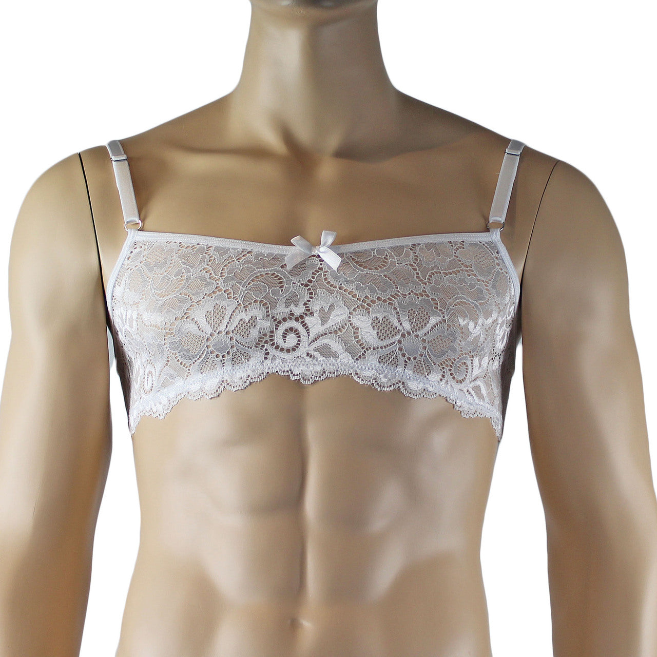 Mens Sweetheart Scalloped Shiny Lace Bra Top and G string White