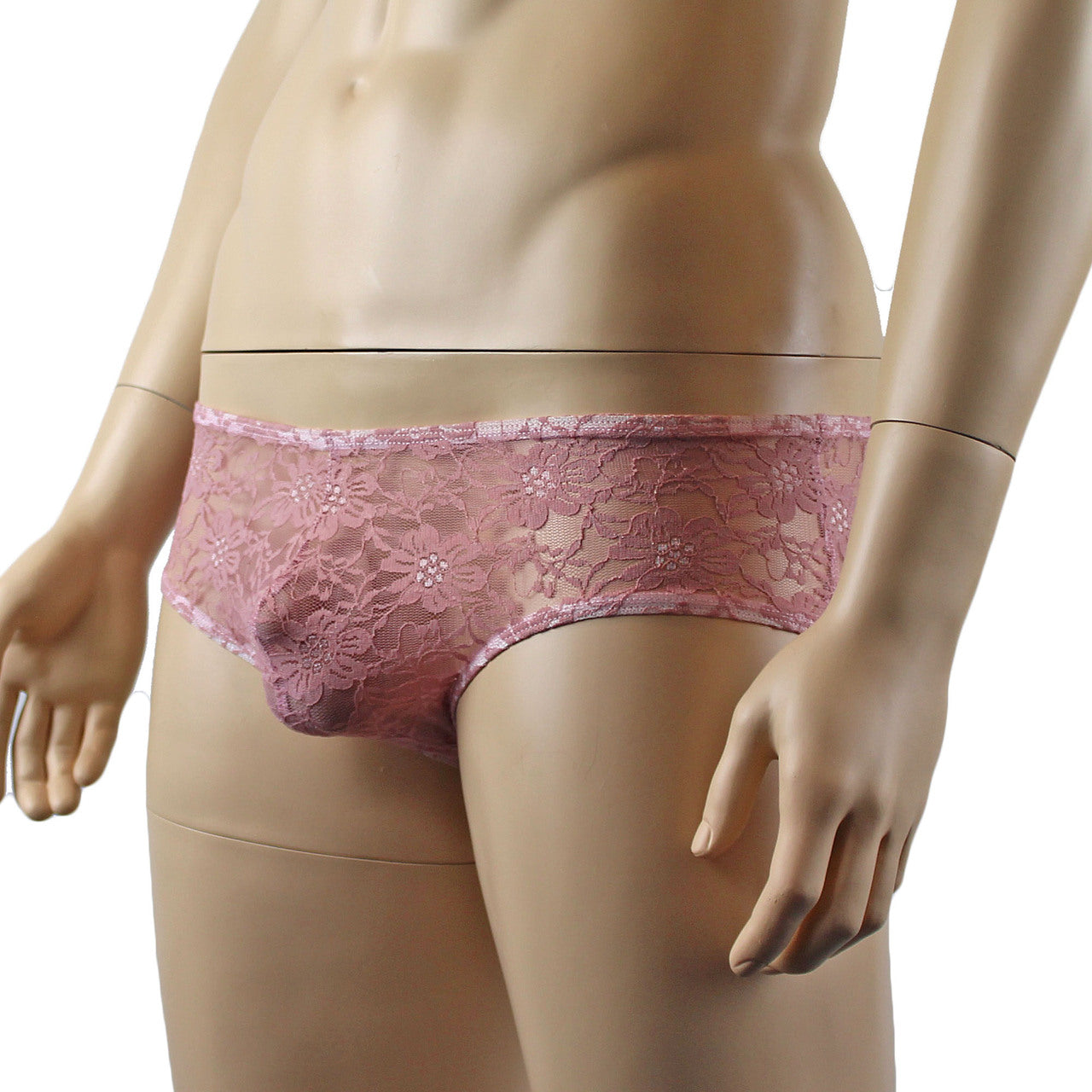 Mens Sexy Lingerie Stretch Lace Male Panty Bikini Brief Dusty Pink