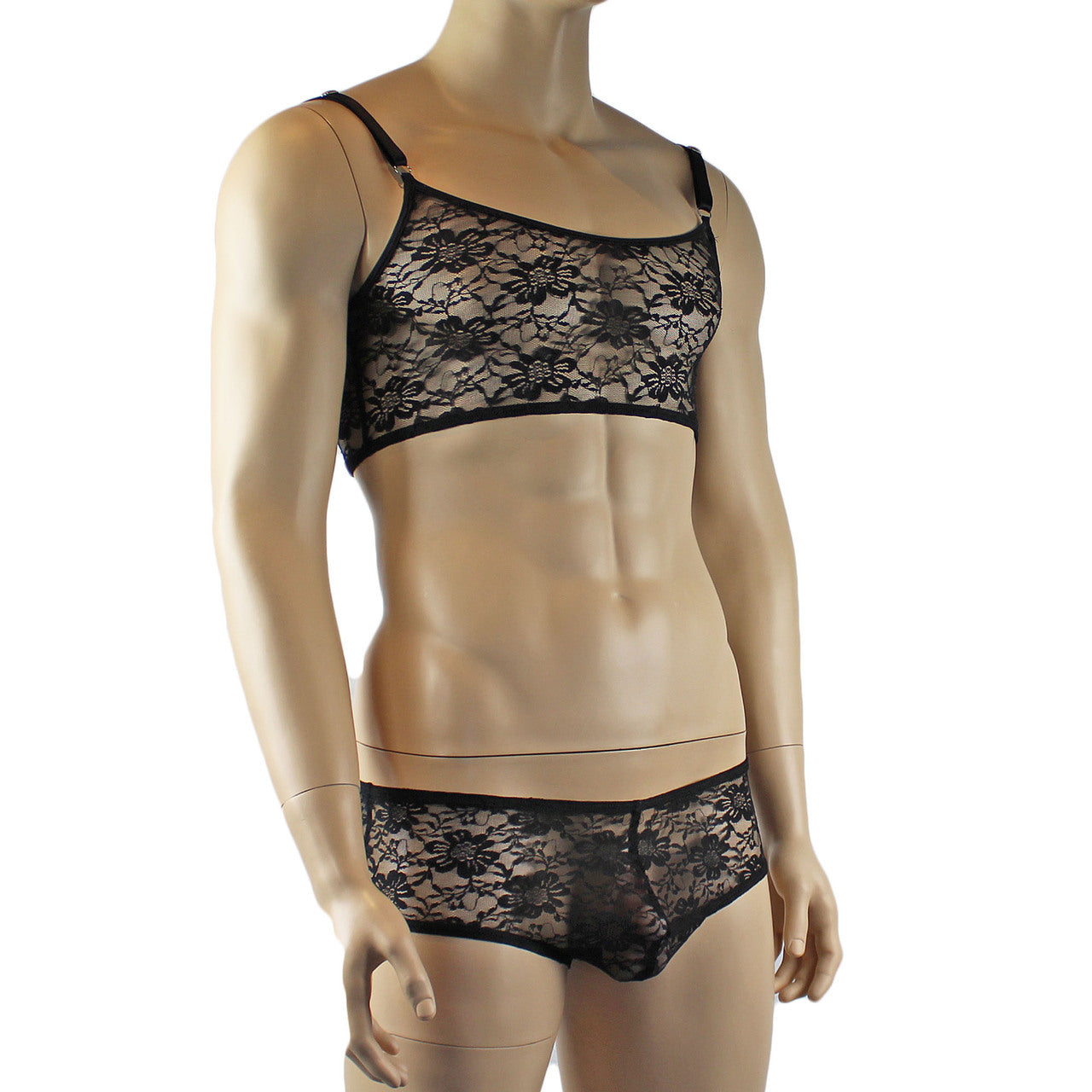 Mens Sexy Lace Crop Bra Top Camisole and Male Lingerie Panty Briefs Black