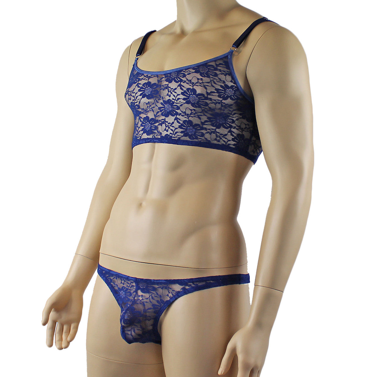 LAST ORDERS - Mens Sexy Lace Crop Top Bra and Matching Lace Thong Navy