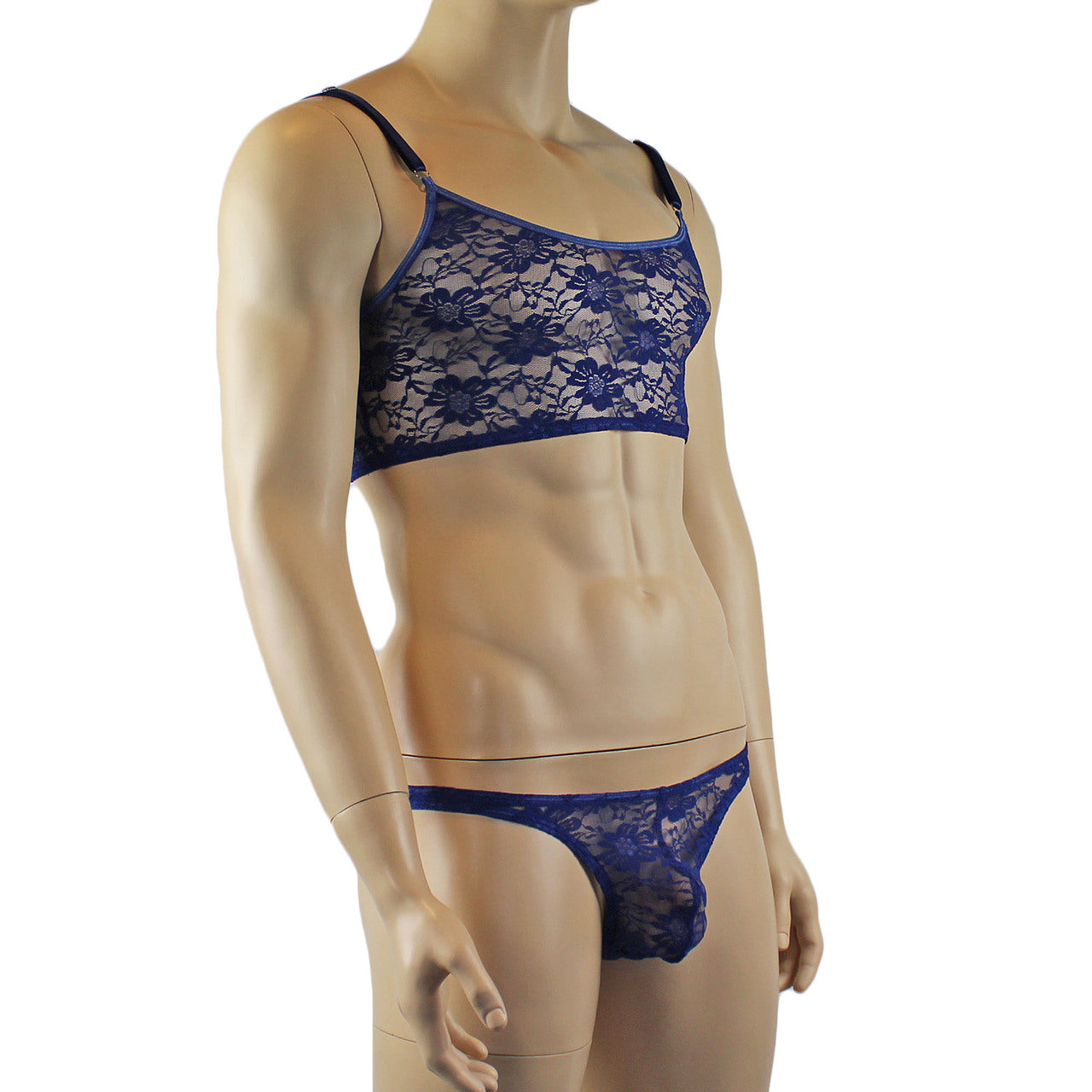 LAST ORDERS - Mens Sexy Lace Crop Top Bra and Matching Lace Thong Navy