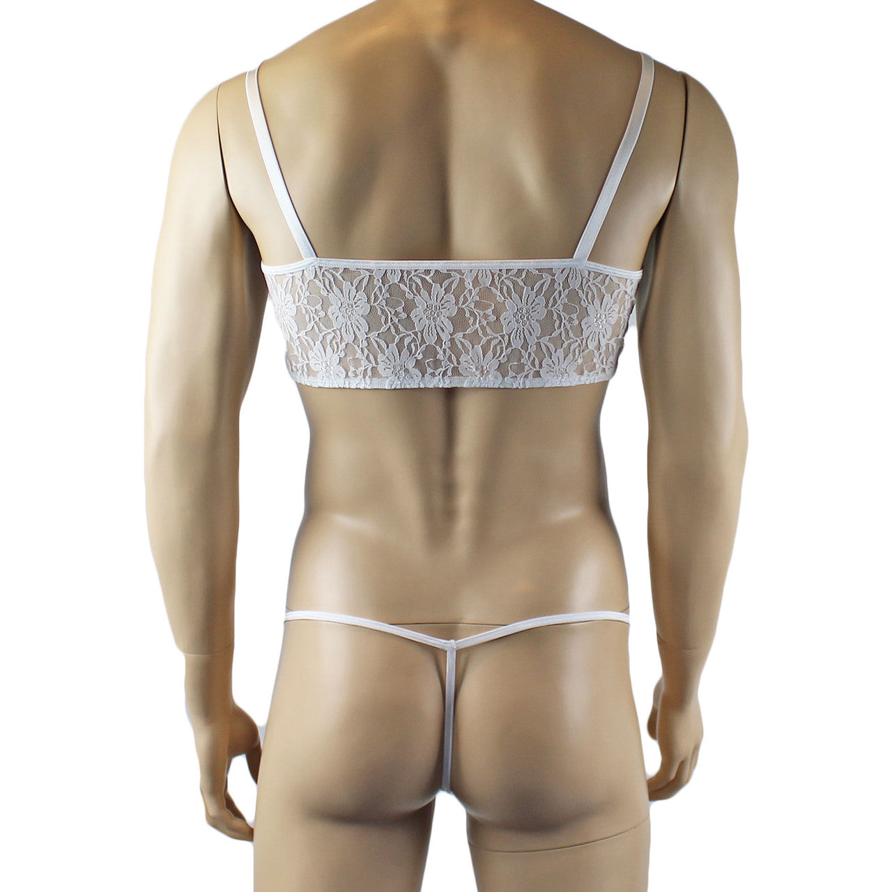 Mens Sexy Lace Crop Bra Top Camisole and Male Lingerie G string White