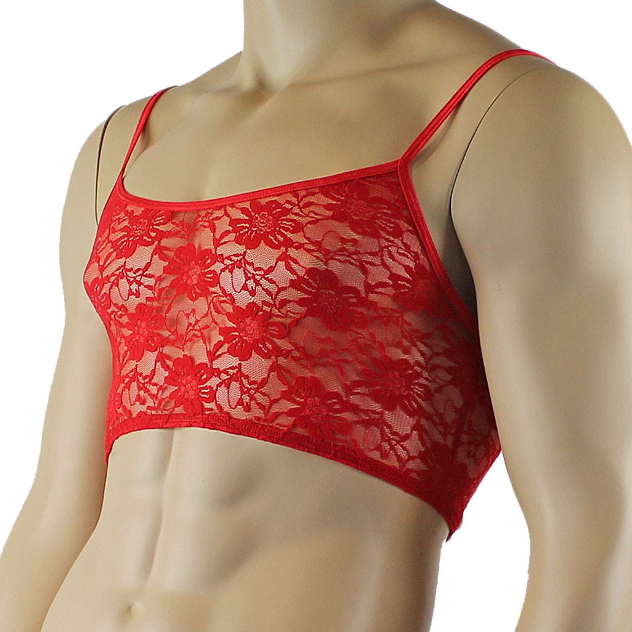 Mens Sexy Lace Crop Bra Top Camisole Male Lingerie Red