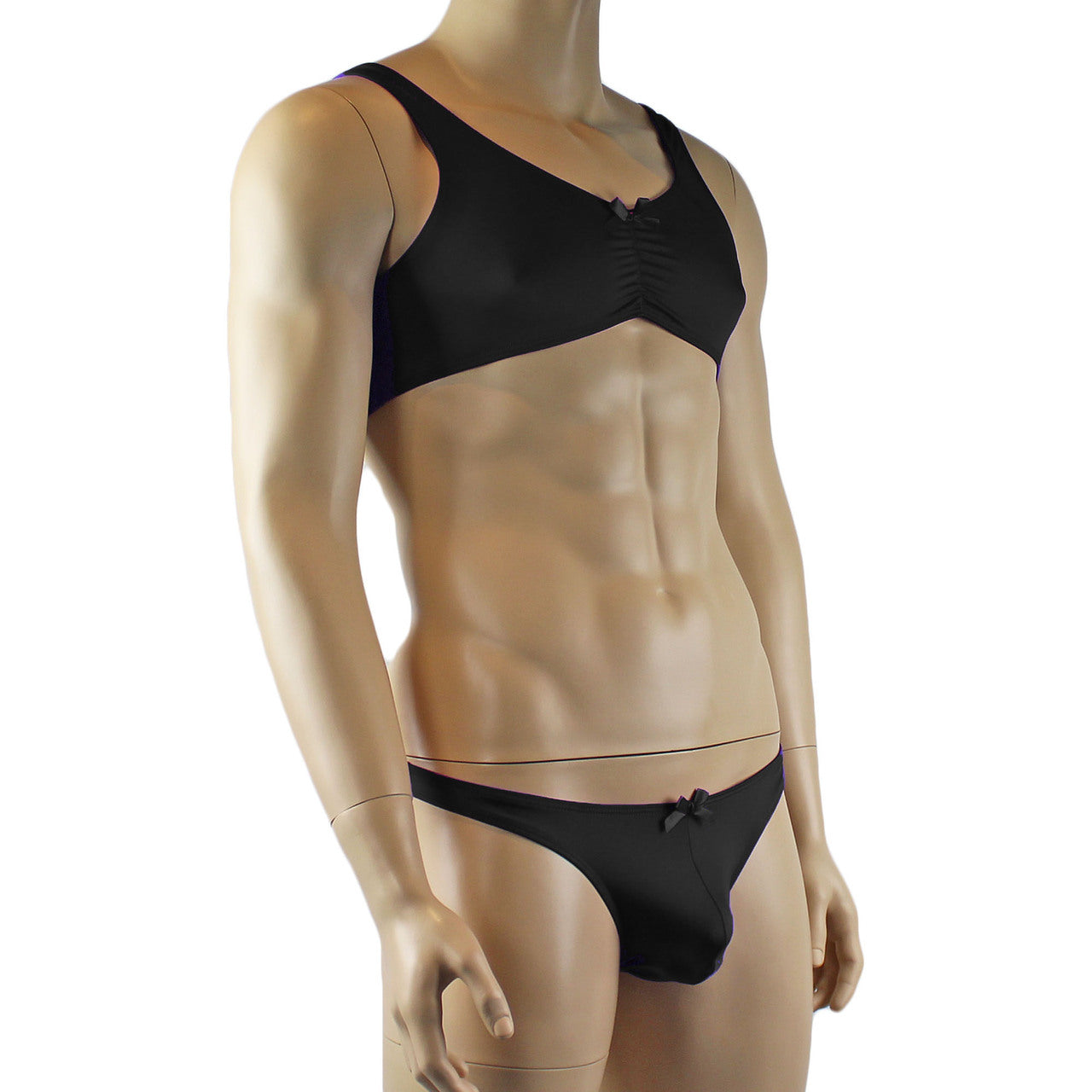 Male Angel Stretch Spandex Bra Top & Matching Thong with Bow Black