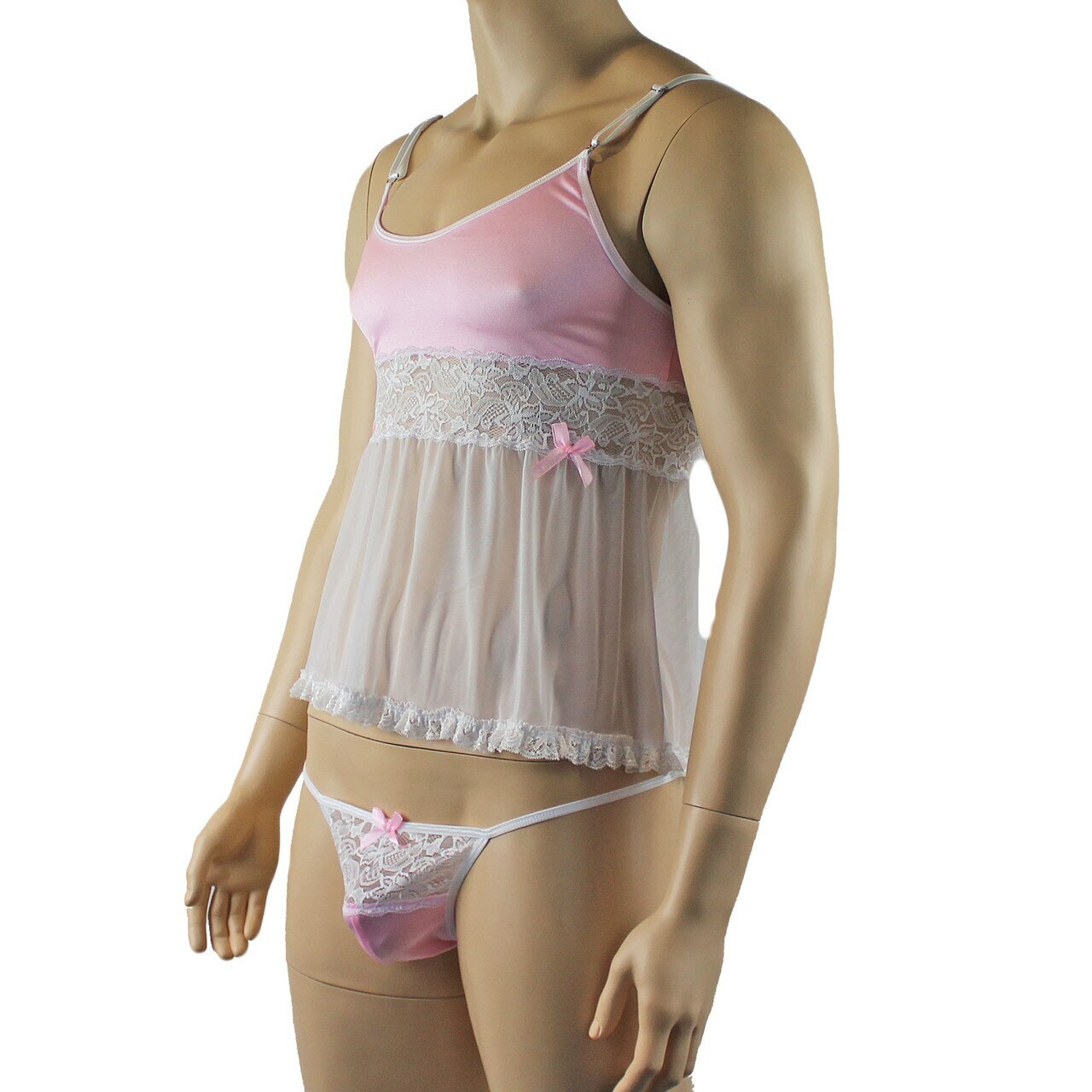 Mens Joanne Mini Babydoll Camisole & G string - Sizes up to 3XL Light Pink & White