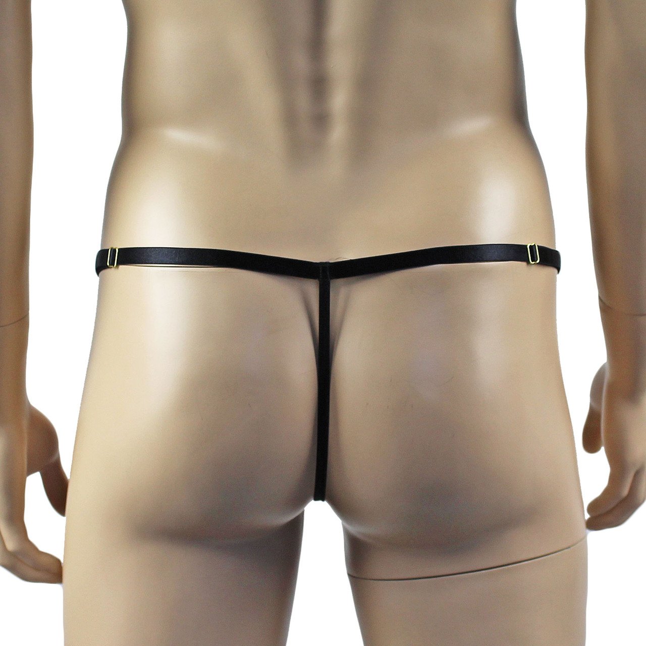 Mens Treasure Hunt G string with Gold Link Long Chain Sides Black