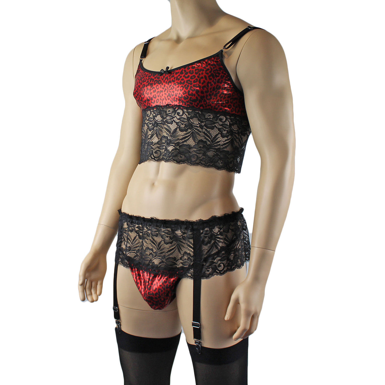 Mens Dazzle Animal Leopard Print Bra Top Camisole, G string, Garterbelt & Stockings Red