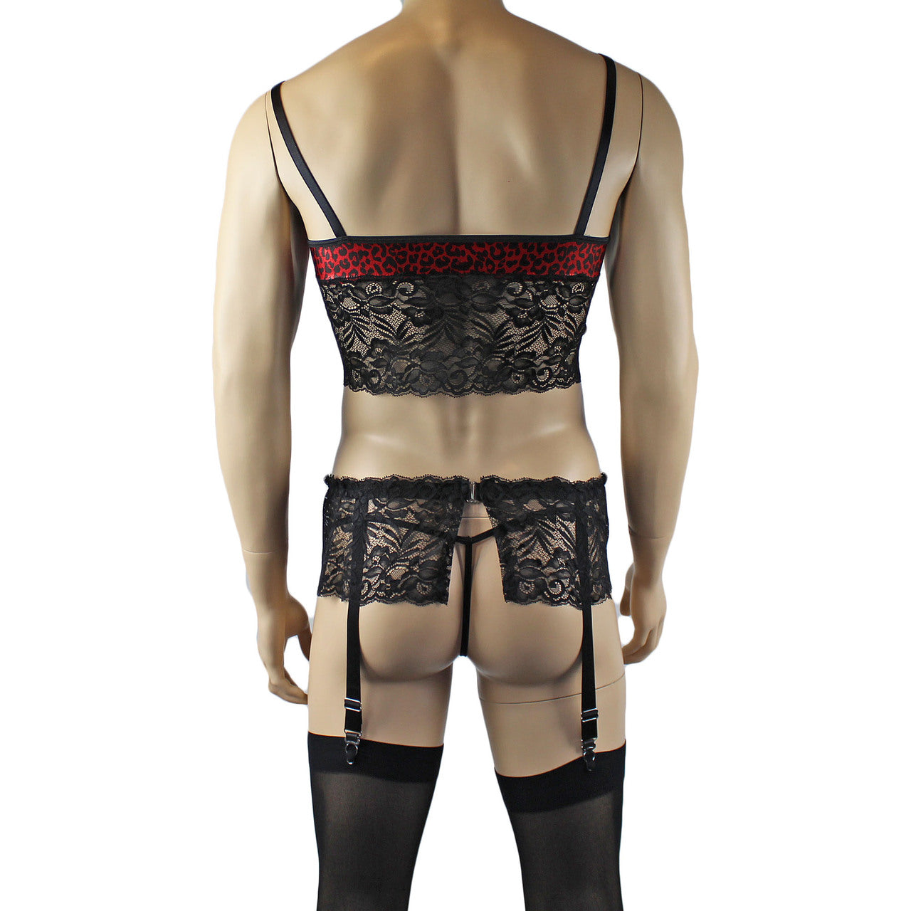 Mens Dazzle Animal Leopard Print Bra Top Camisole, G string, Garterbelt & Stockings Red