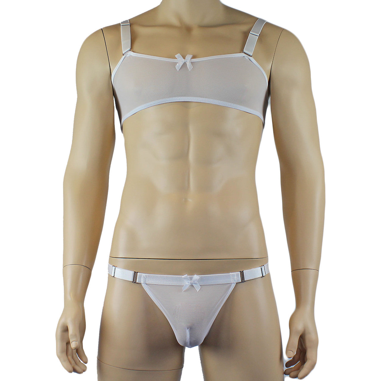 Mens Exotic Sheer Mesh Bra Top & G string White