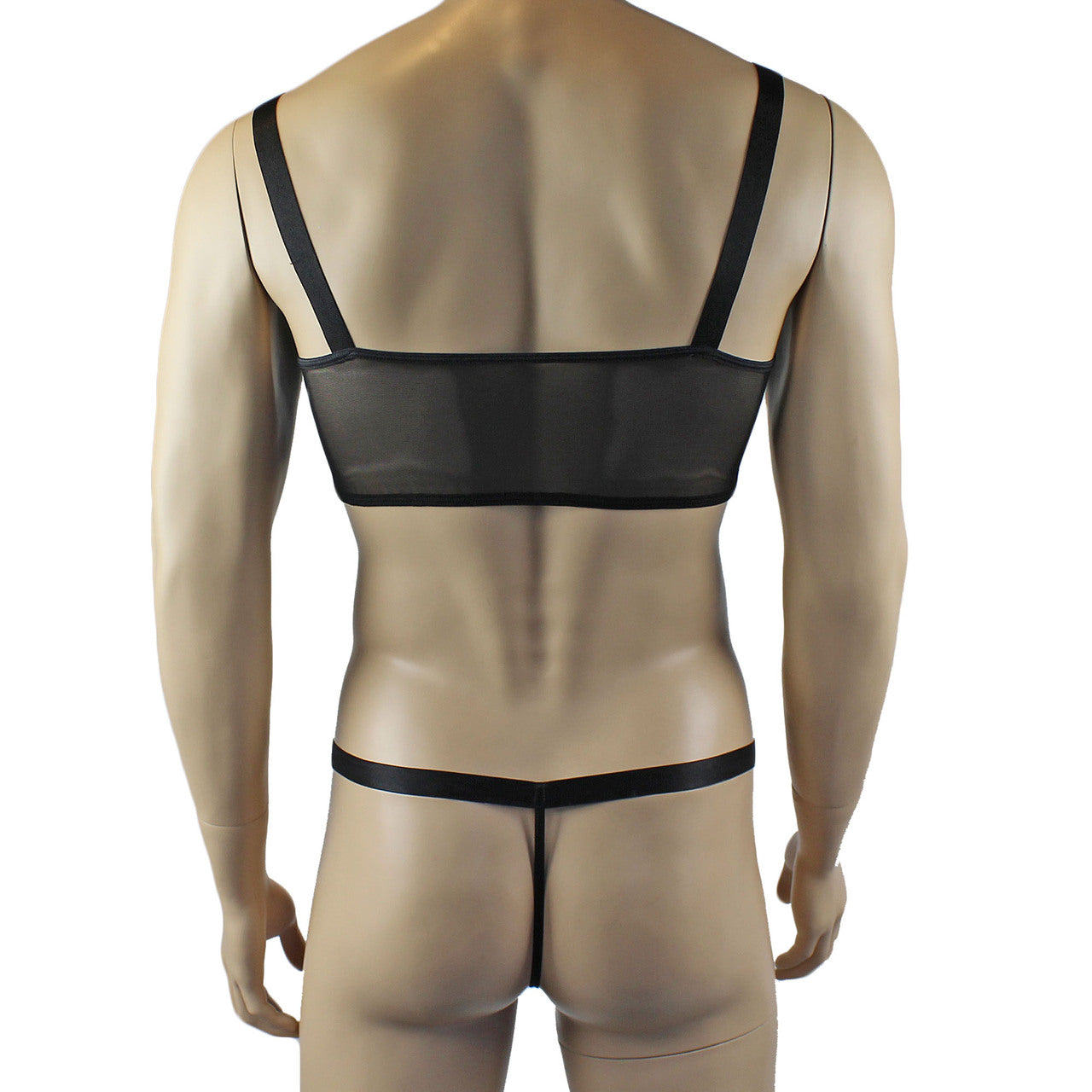 Mens Exotic Sheer Mesh Crop Bra Top Camisole & G string - Sizes up to 3XL Black