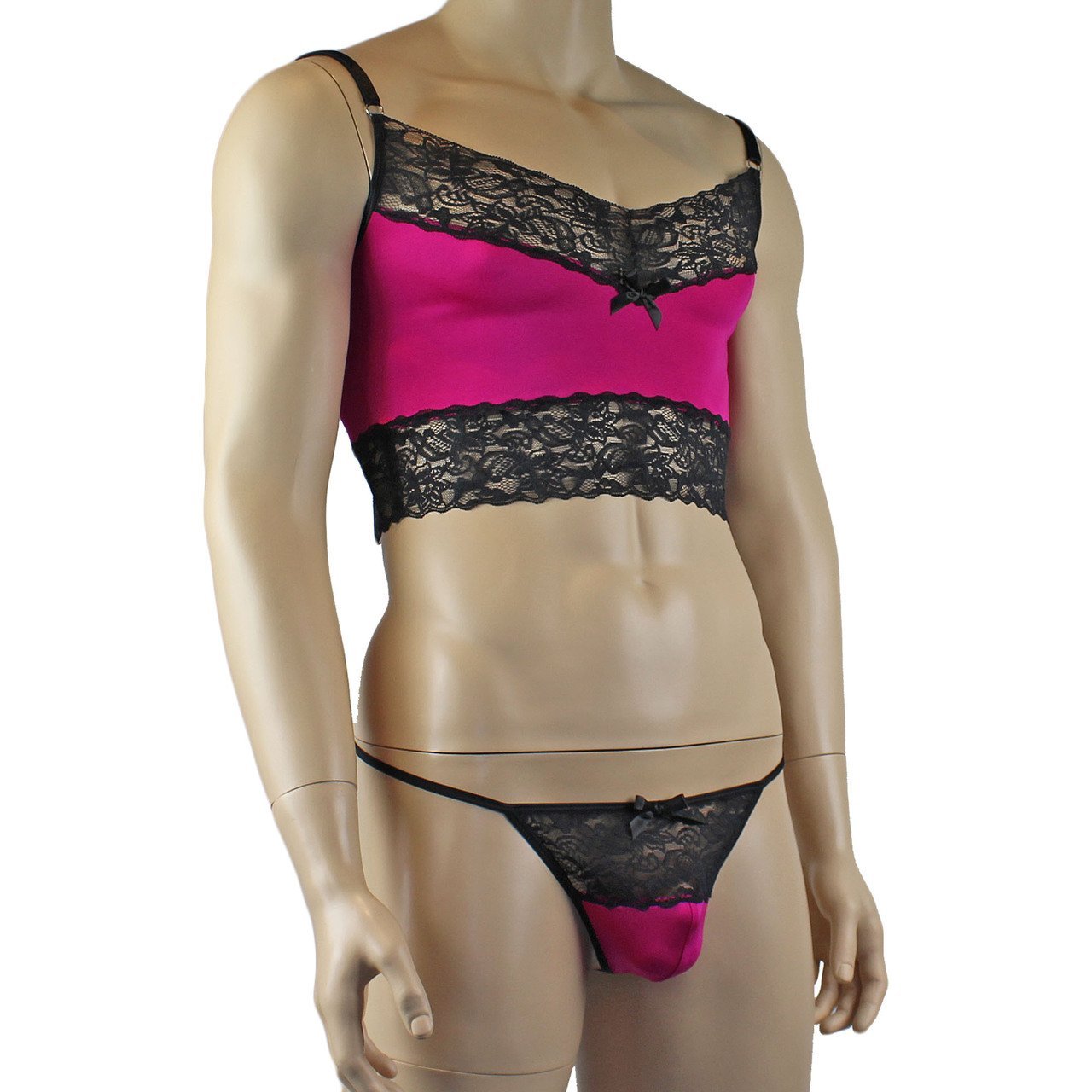Mens Glamour Camisole Top and Pouch G string with Lace Trim - Sizes up to 3XL (raspberry & black plus other colours)