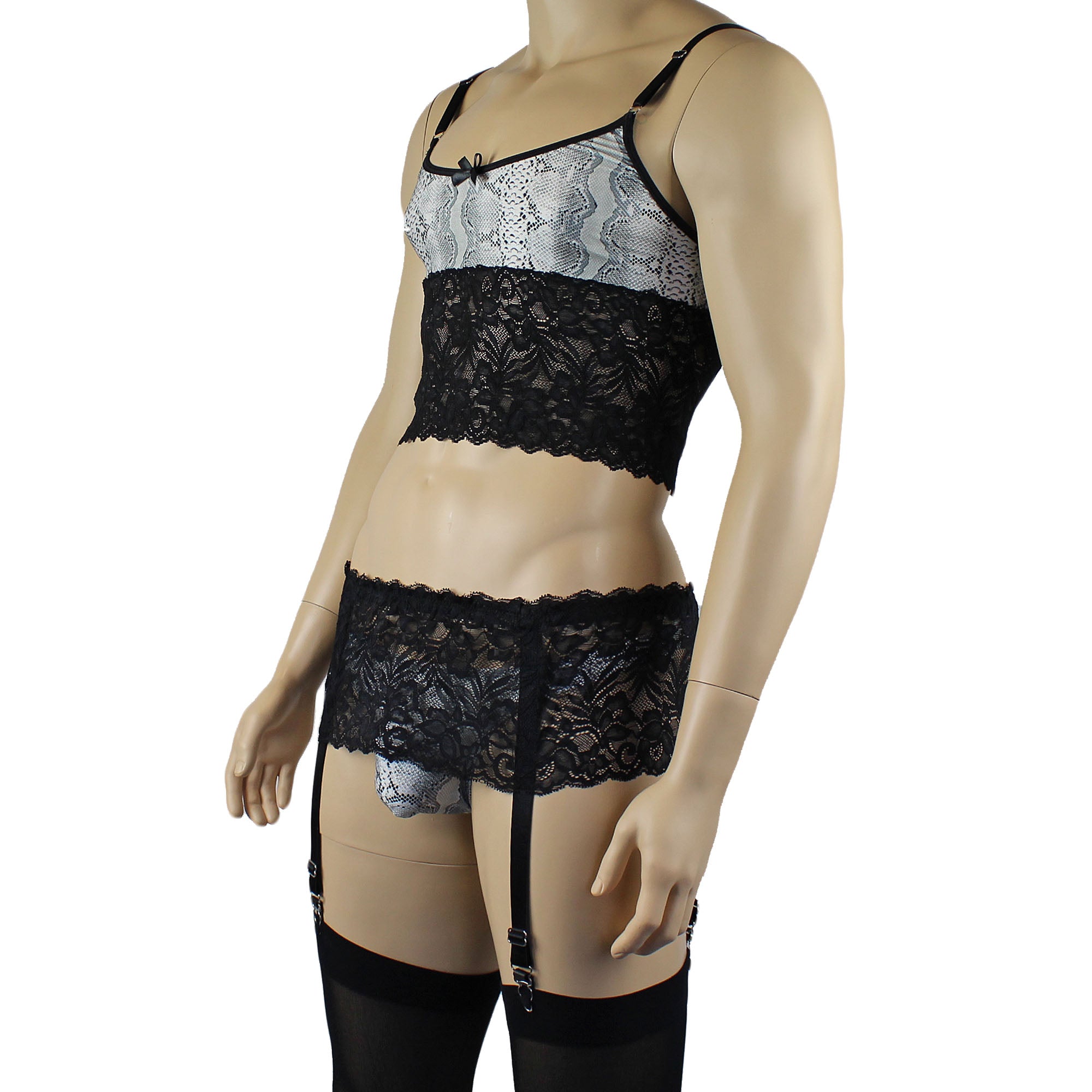 Mens Grey Snake Print & Black Lace Mens Bra Top Camisole, Thong, Garter & Stockings