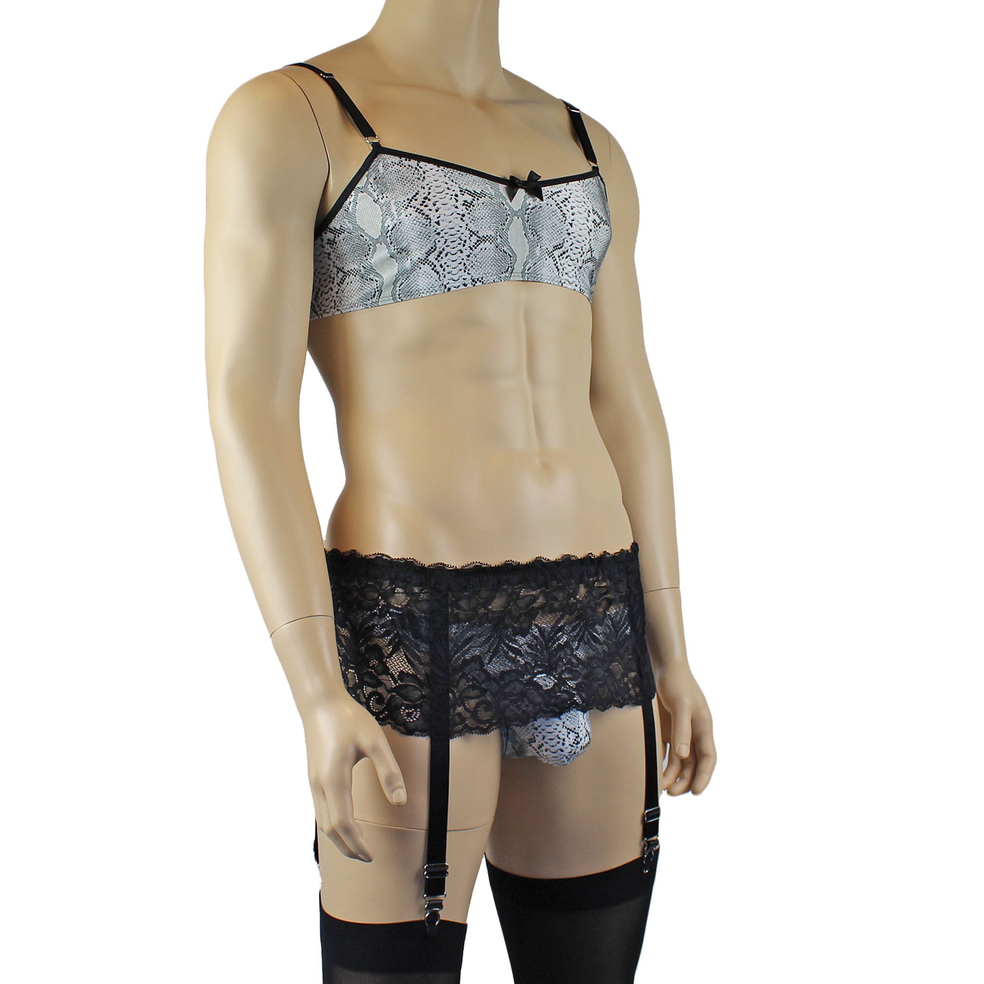 Mens Grey Snake Print & Black Lace Mens Bra Top, Thong, Garter & Stockings