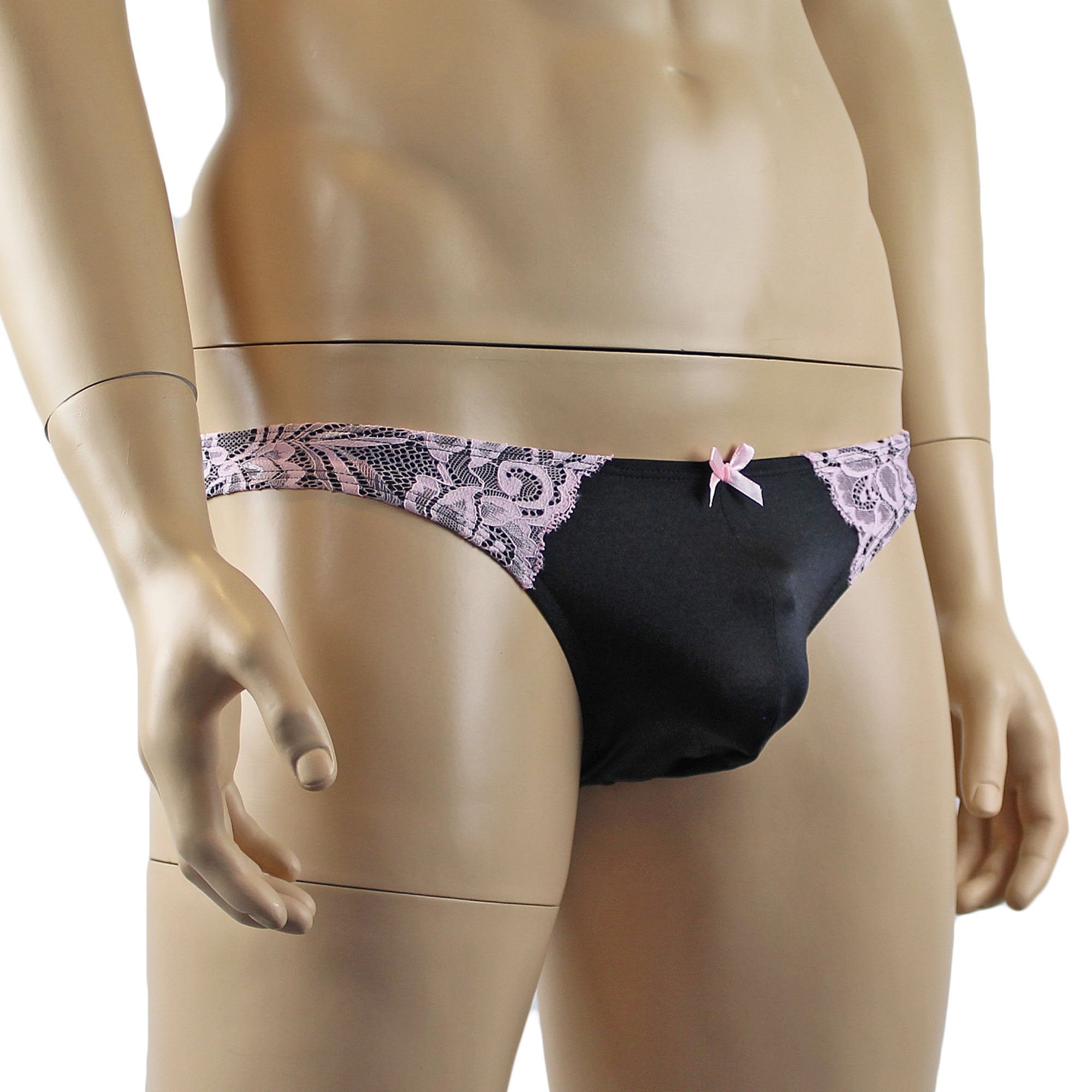 Mens Isabel Panty Stretch Spandex & Lace Bikini Brief with Sexy Back Black and Pink Lace